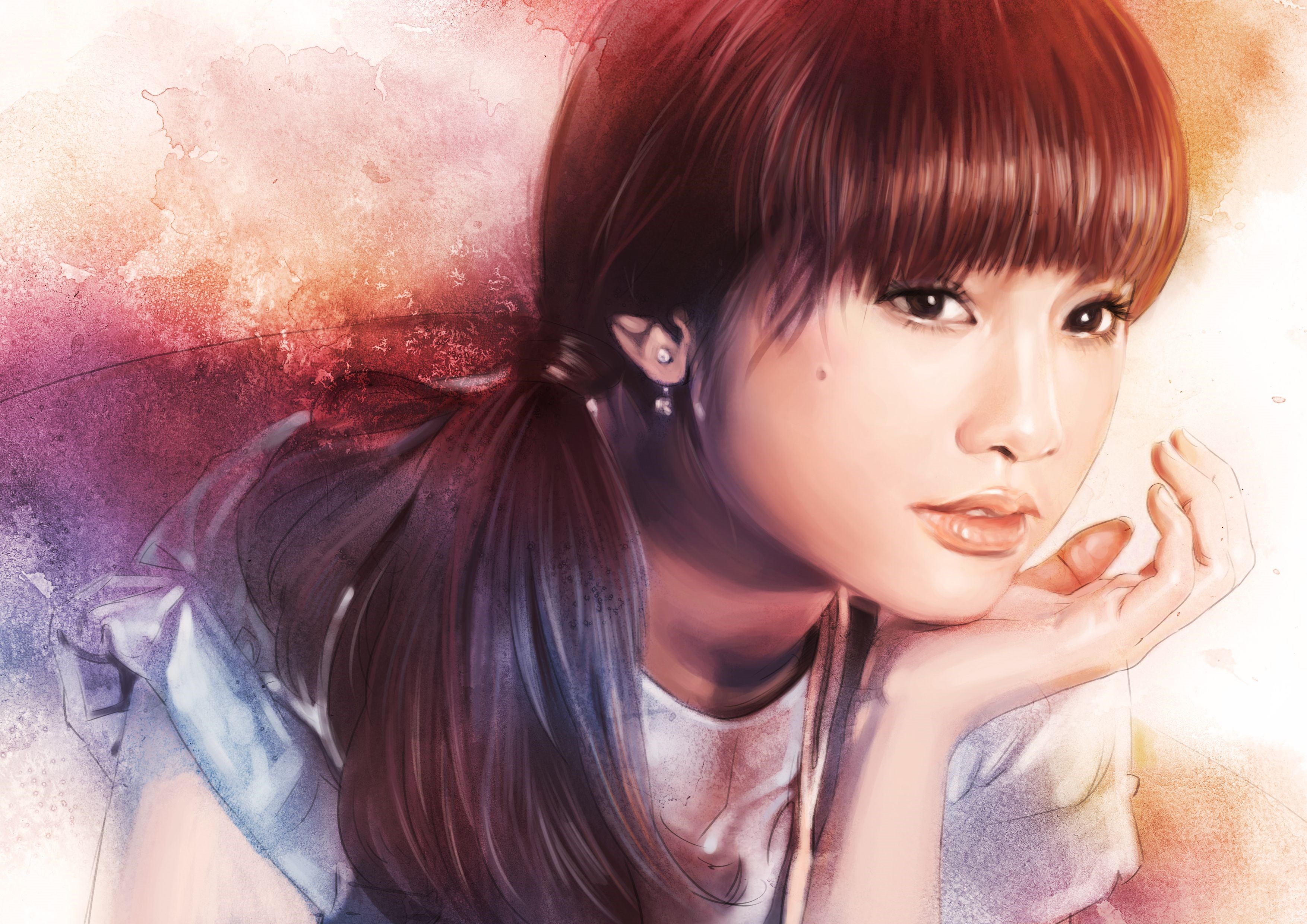 Painting of a brown-haired woman with bangs HD Wallpaper