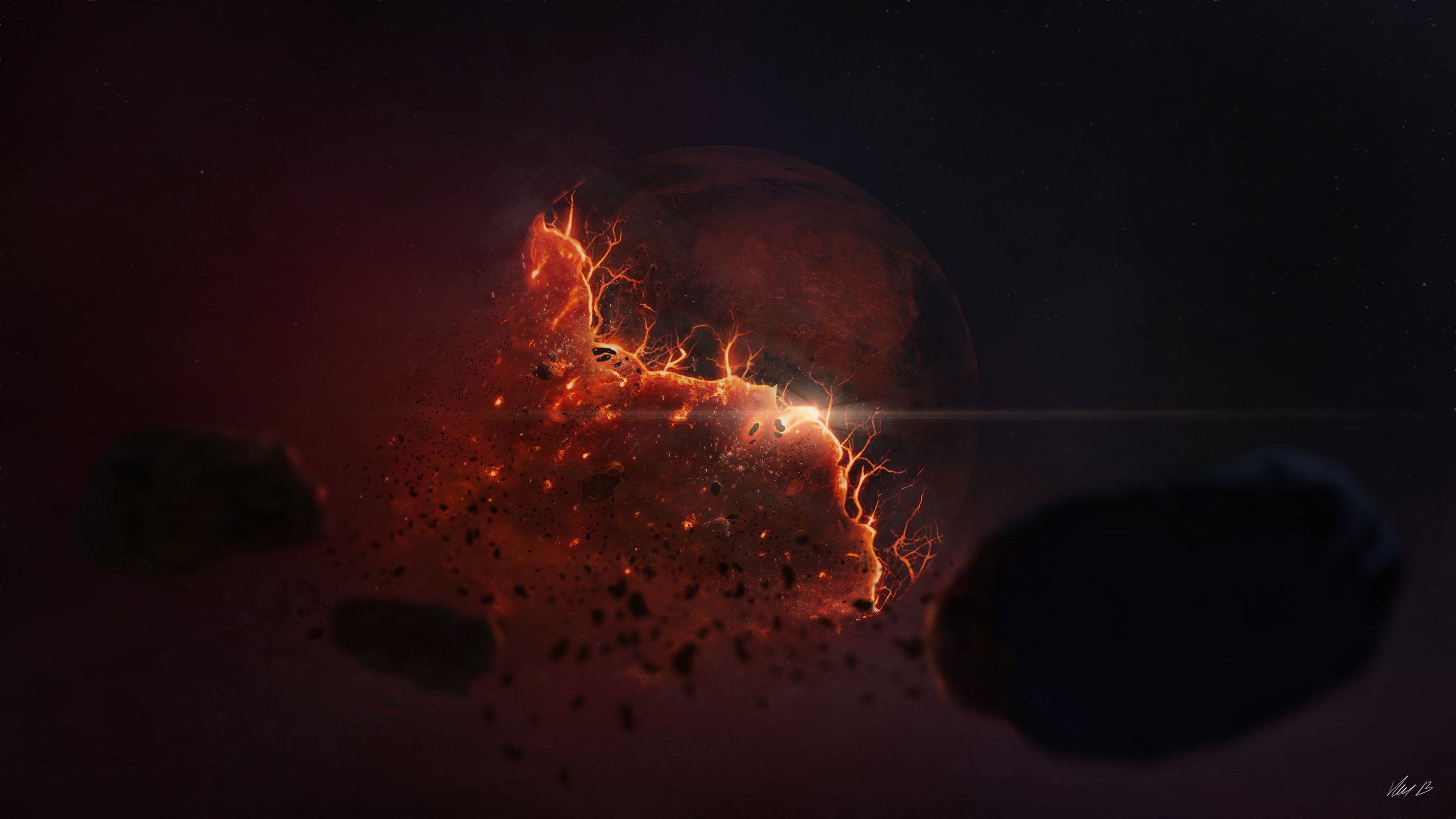 Planet exploding with asteroids in space HD Wallpaper