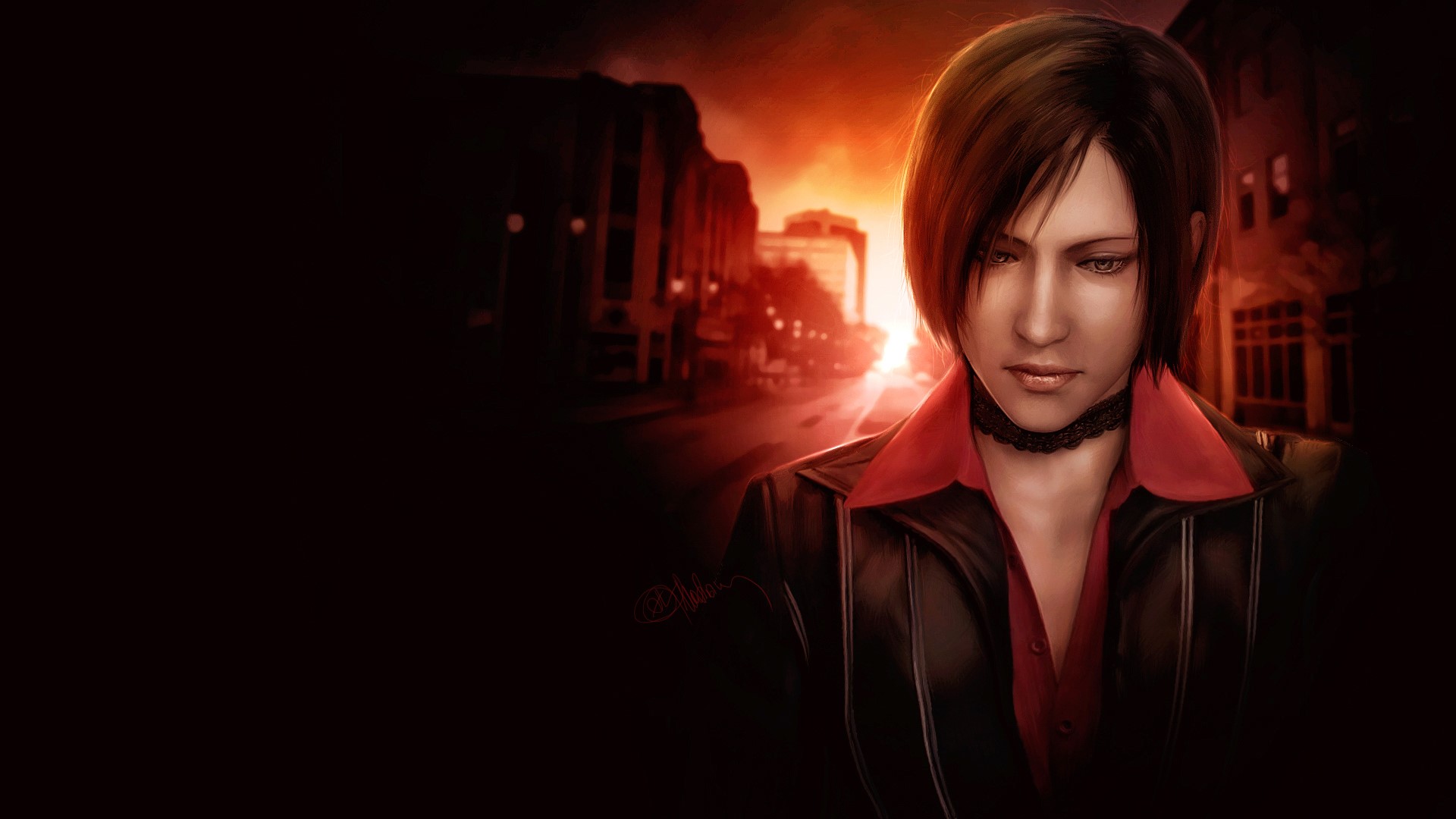 Ada Wong from Resident Evil in a city at sunset HD Wallpaper