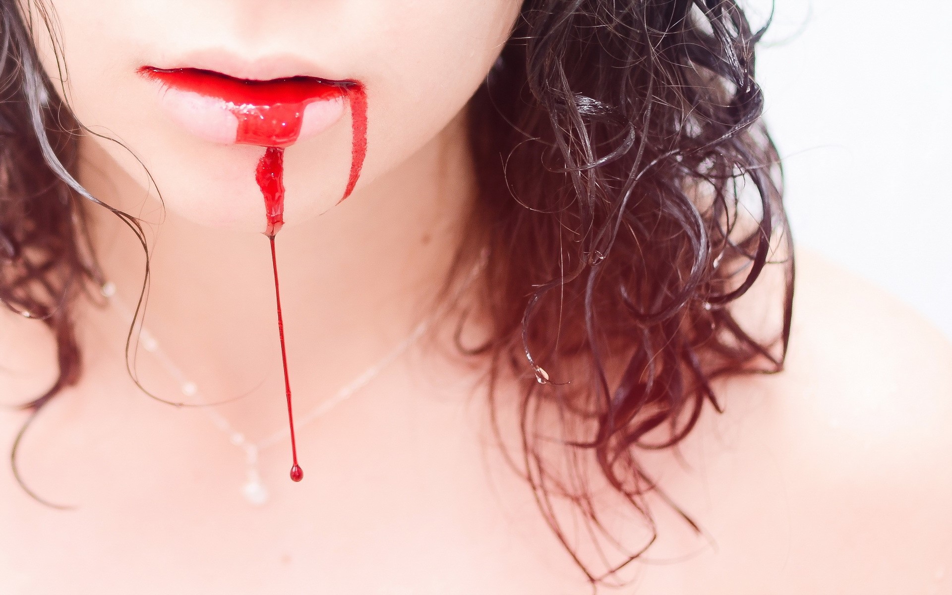 Close-up of lips with dripping blood and wet hair HD Wallpaper