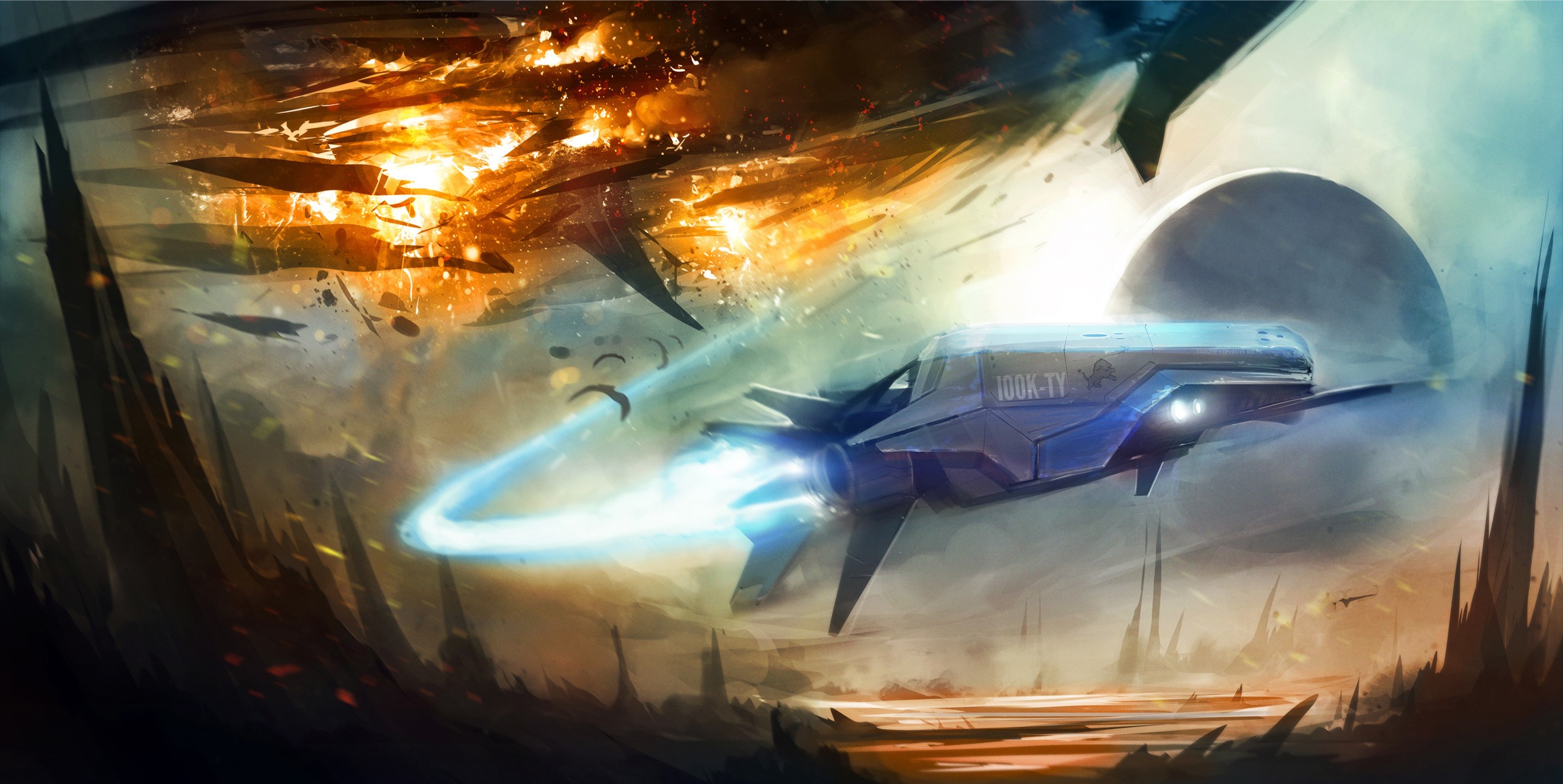 Spaceship battle with explosions and a planet HD Wallpaper