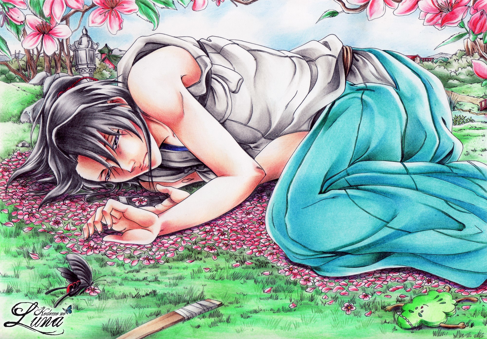 Kodomo no Luna: Young man lying in a field of flowers HD Wallpaper