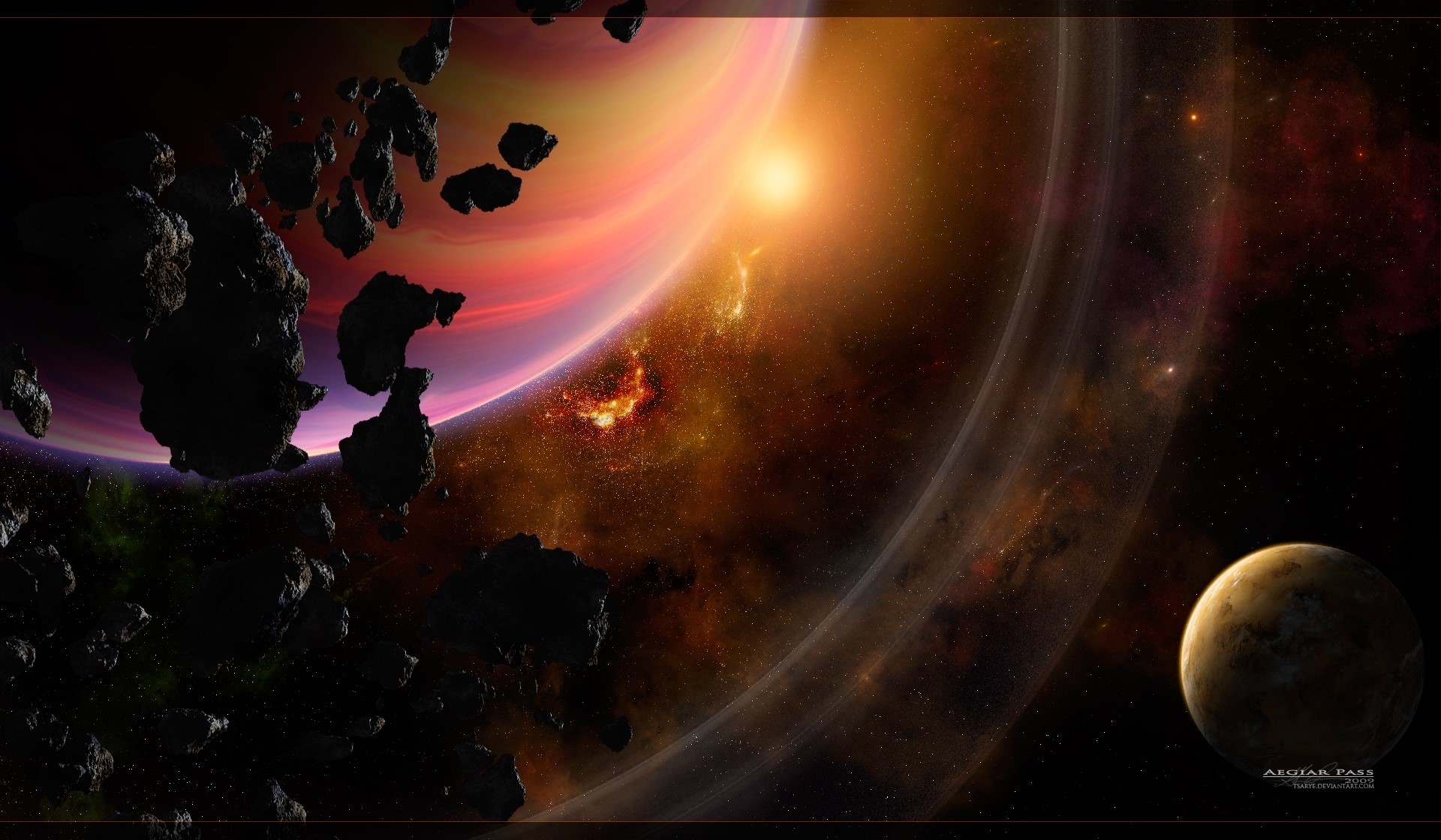 Asteroids and planets in a colorful nebula HD Wallpaper