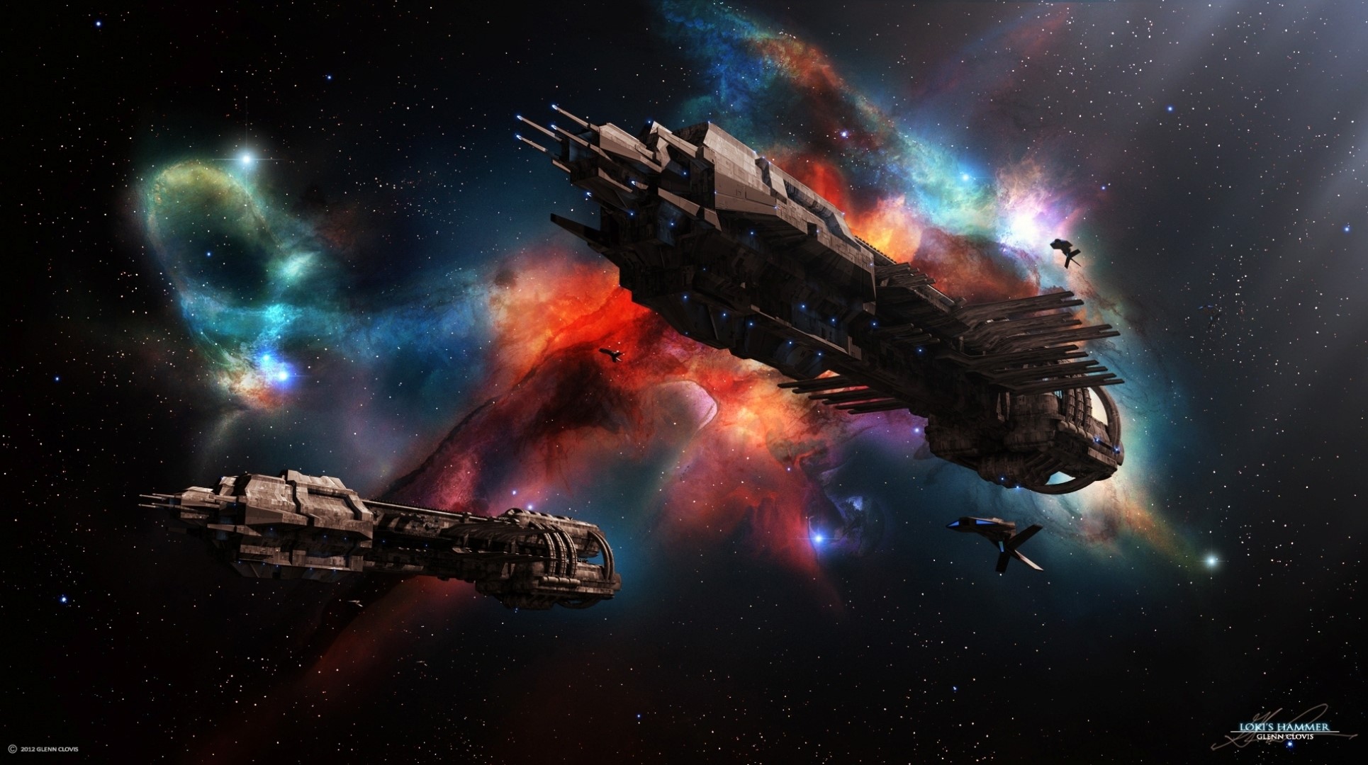 Spaceships in a colorful nebula HD Wallpaper