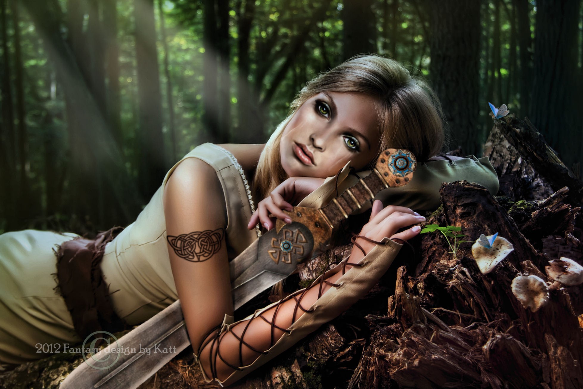 Warrior woman with sword in forest HD Wallpaper