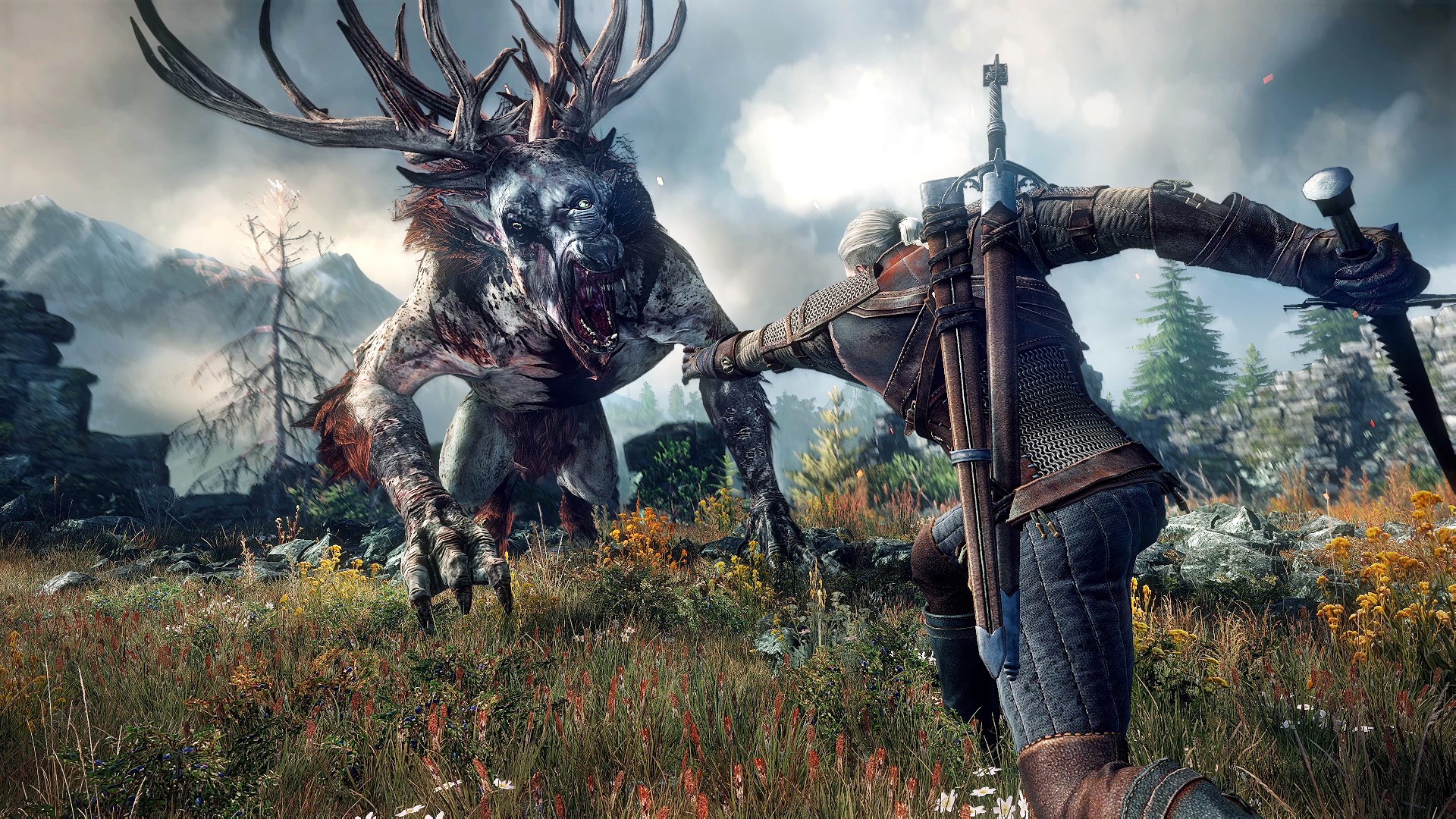 Geralt of Rivia from The Witcher 3 fighting a monster HD Wallpaper