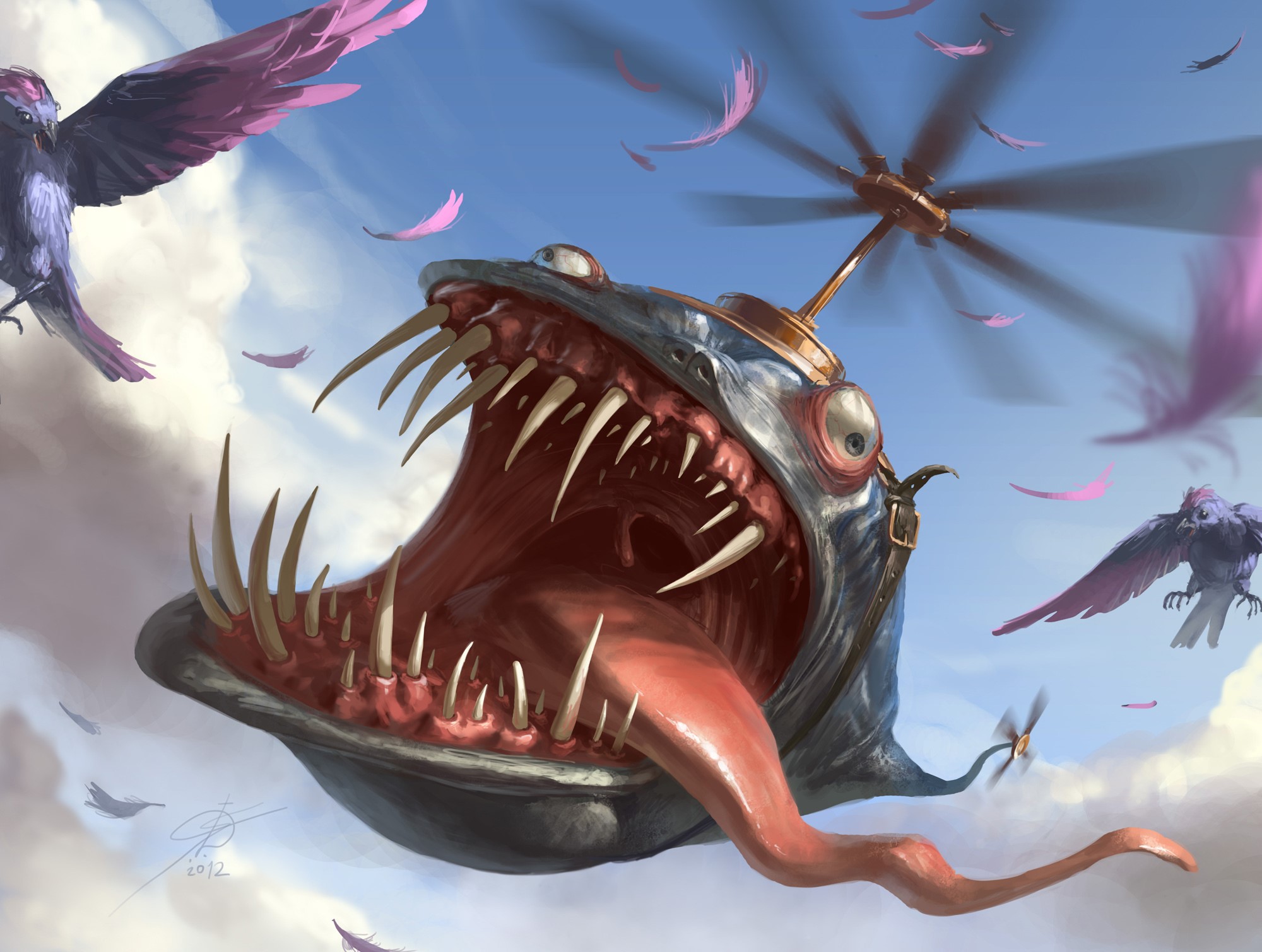 Monster with propeller and birds flying in the sky HD Wallpaper