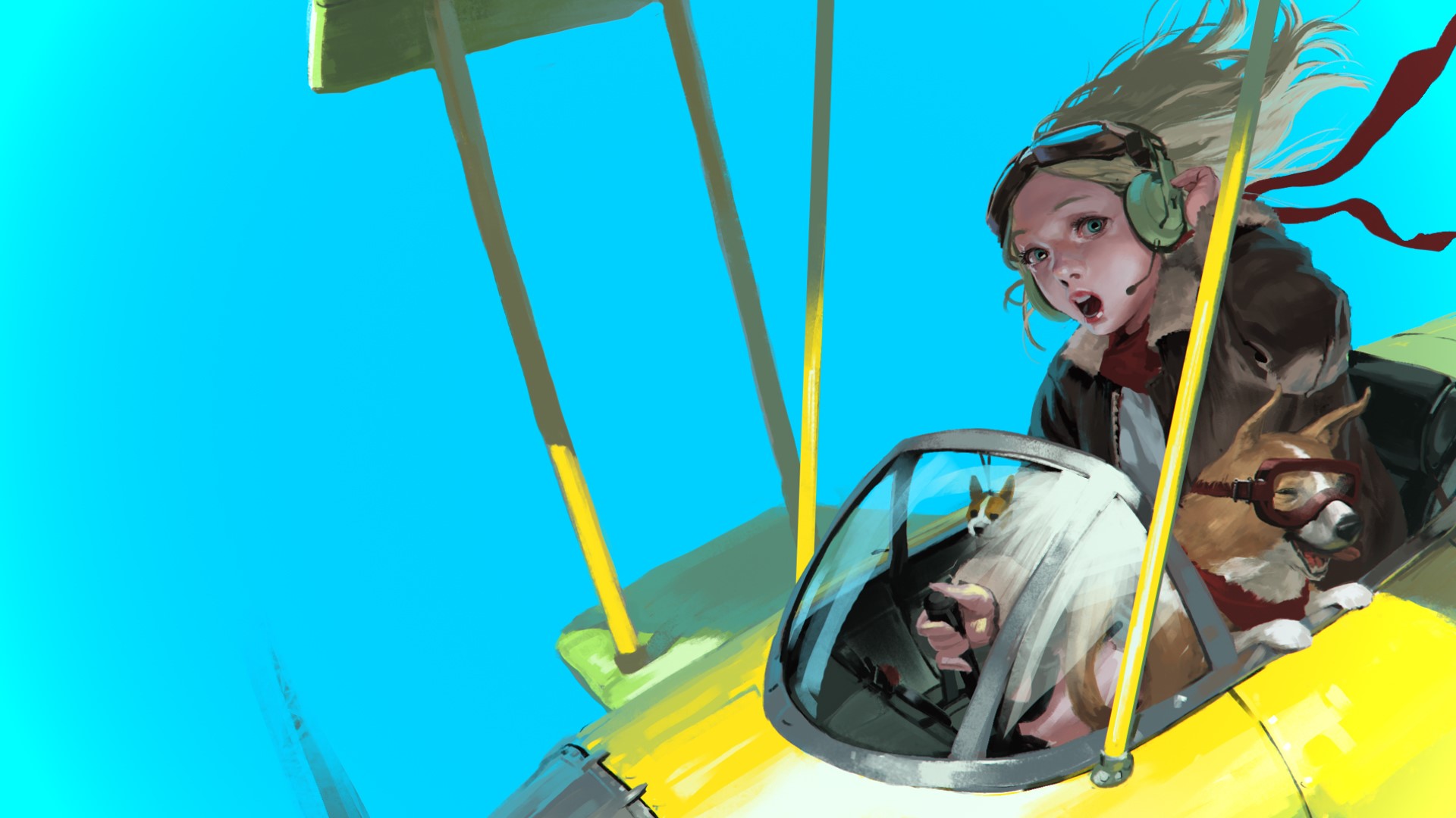 Girl and dogs in a biplane HD Wallpaper