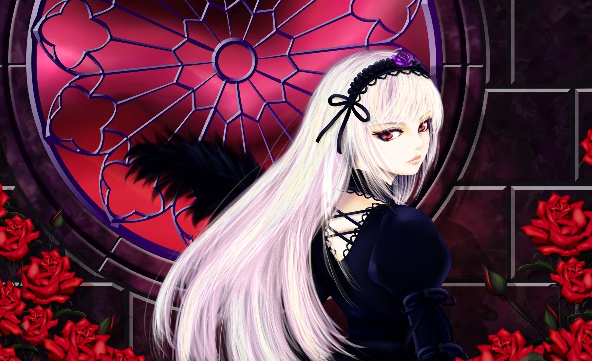Gothic fantasy blonde girl with red eyes and black wings HD Wallpaper