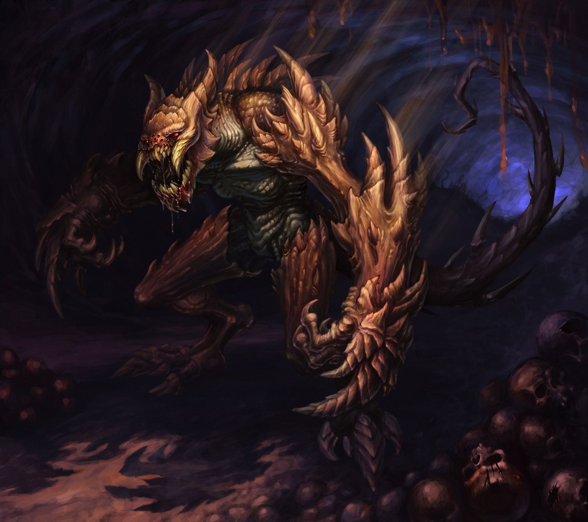 Monstrous creature in a dark cave with skulls HD Wallpaper
