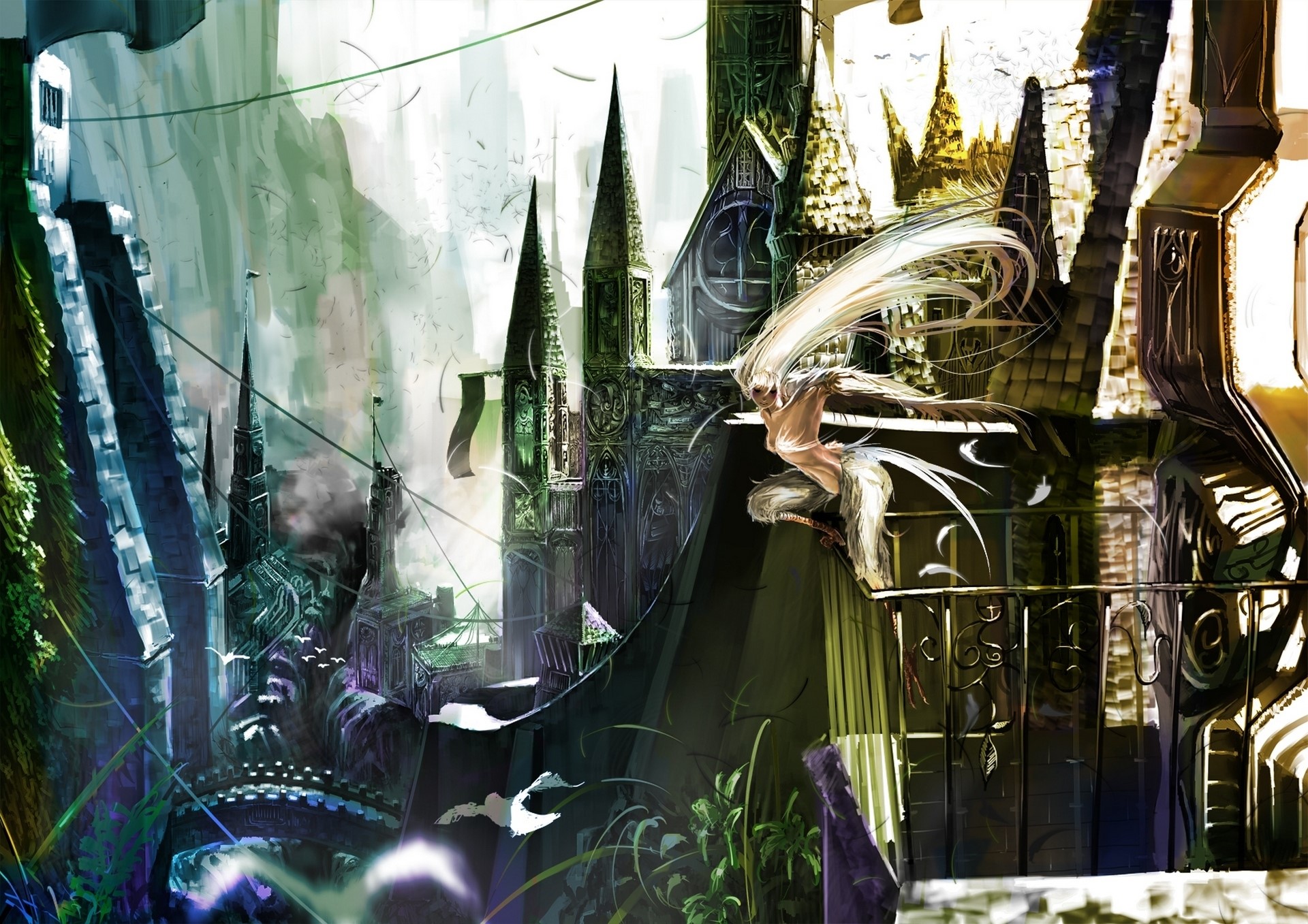 Angel with long hair on a balcony overlooking a fantasy city HD Wallpaper