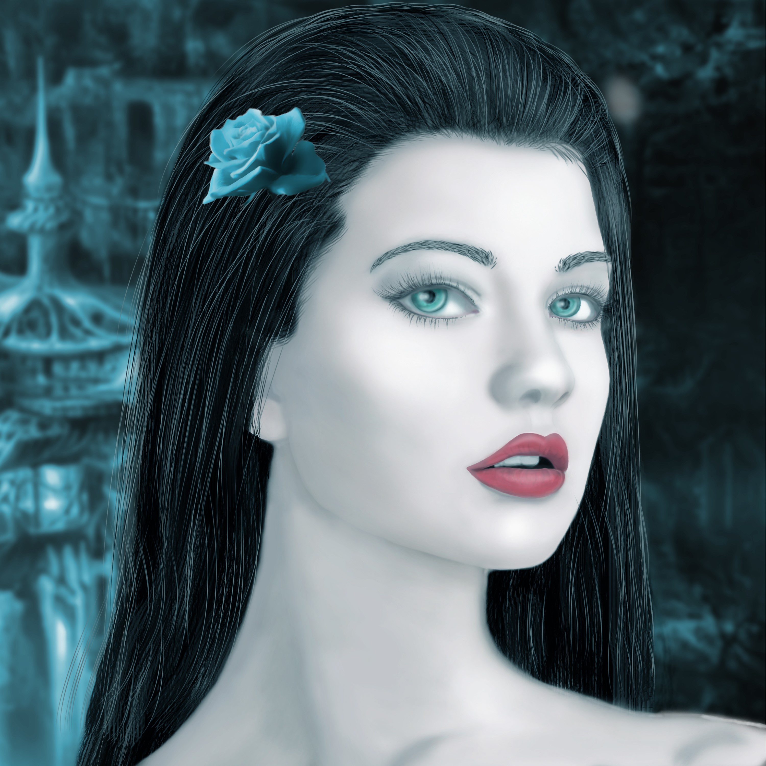 Brunette girl with blue rose in hair HD Wallpaper