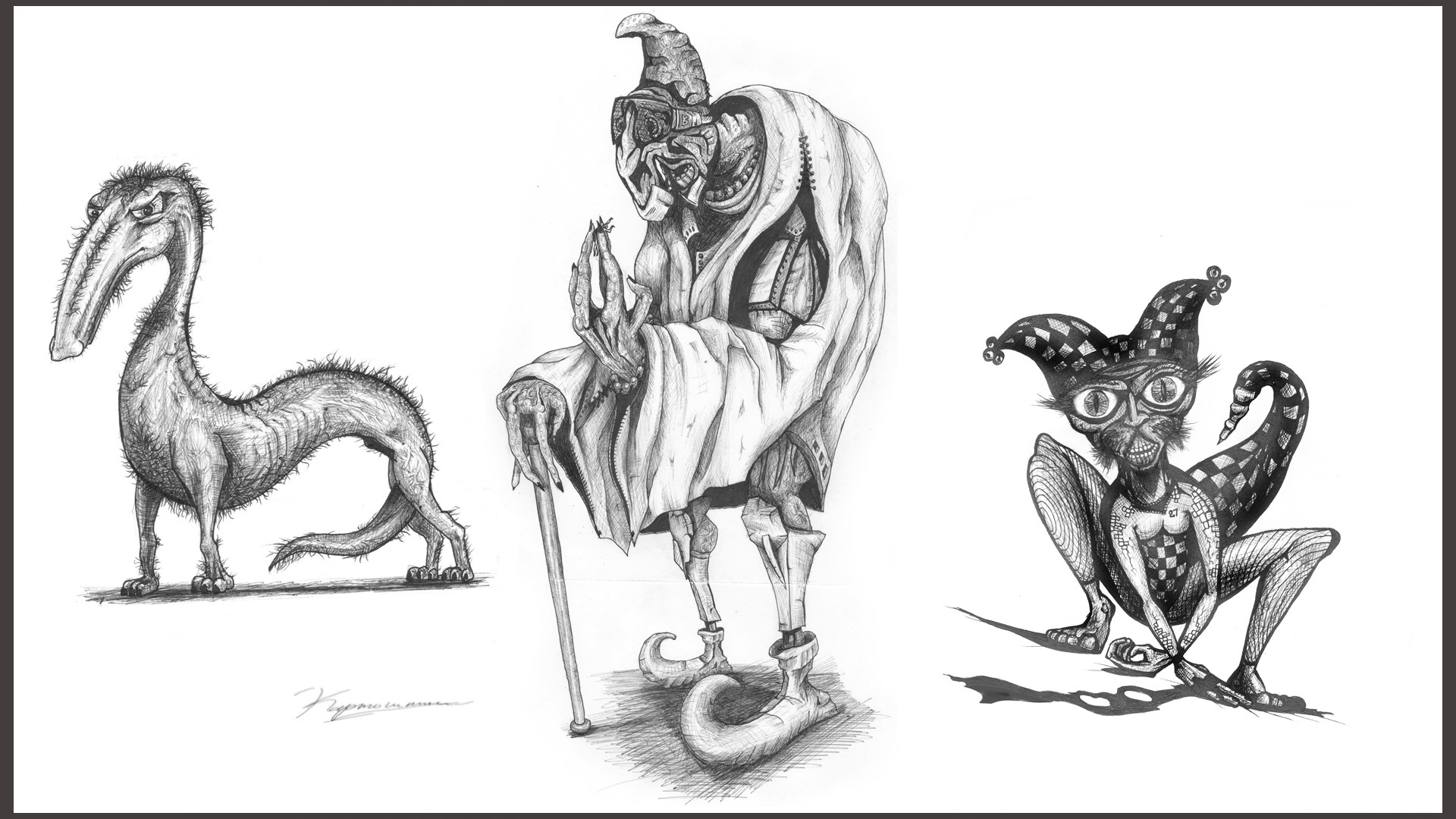 Three fantasy creatures in a drawing HD Wallpaper