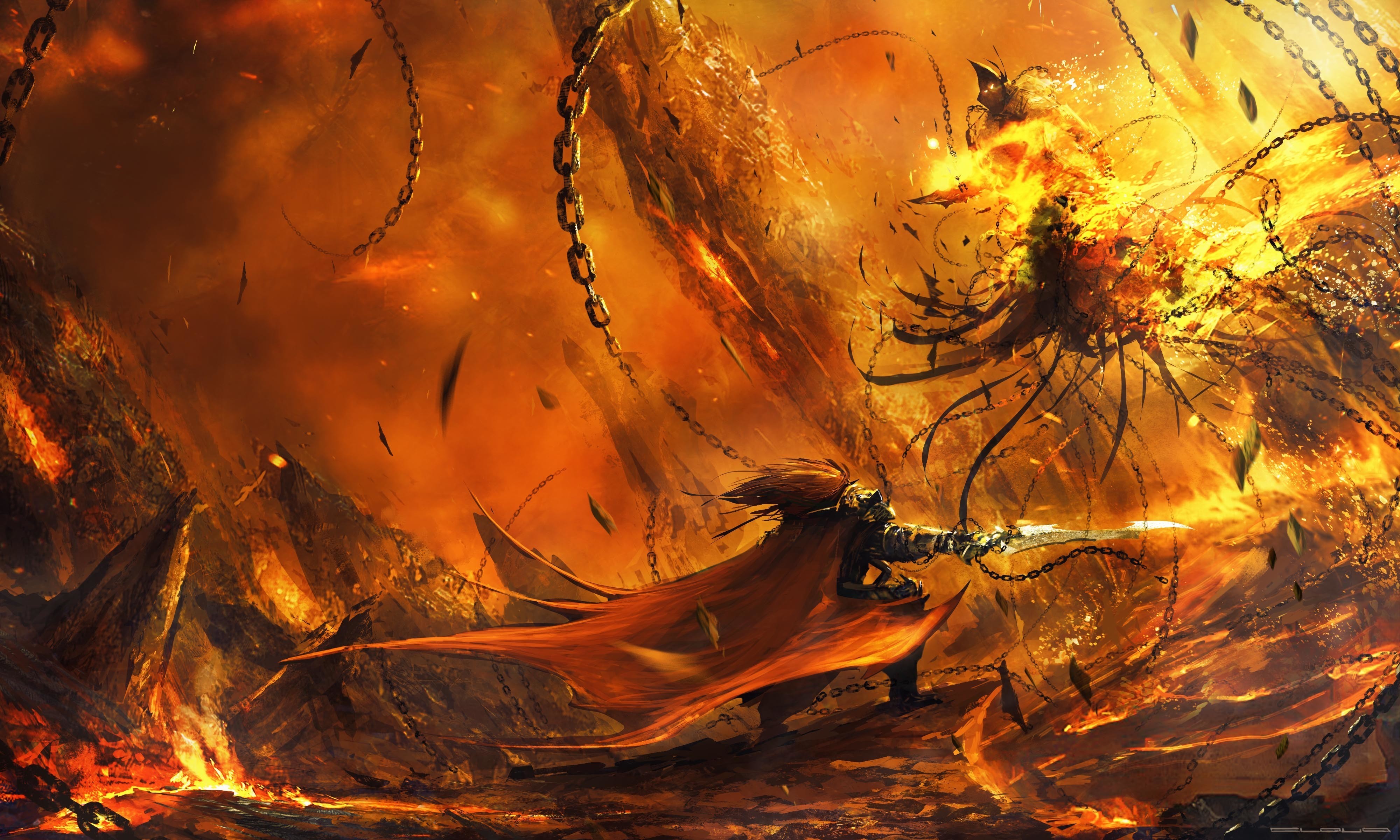 Warrior fighting a fiery monster with chains HD Wallpaper