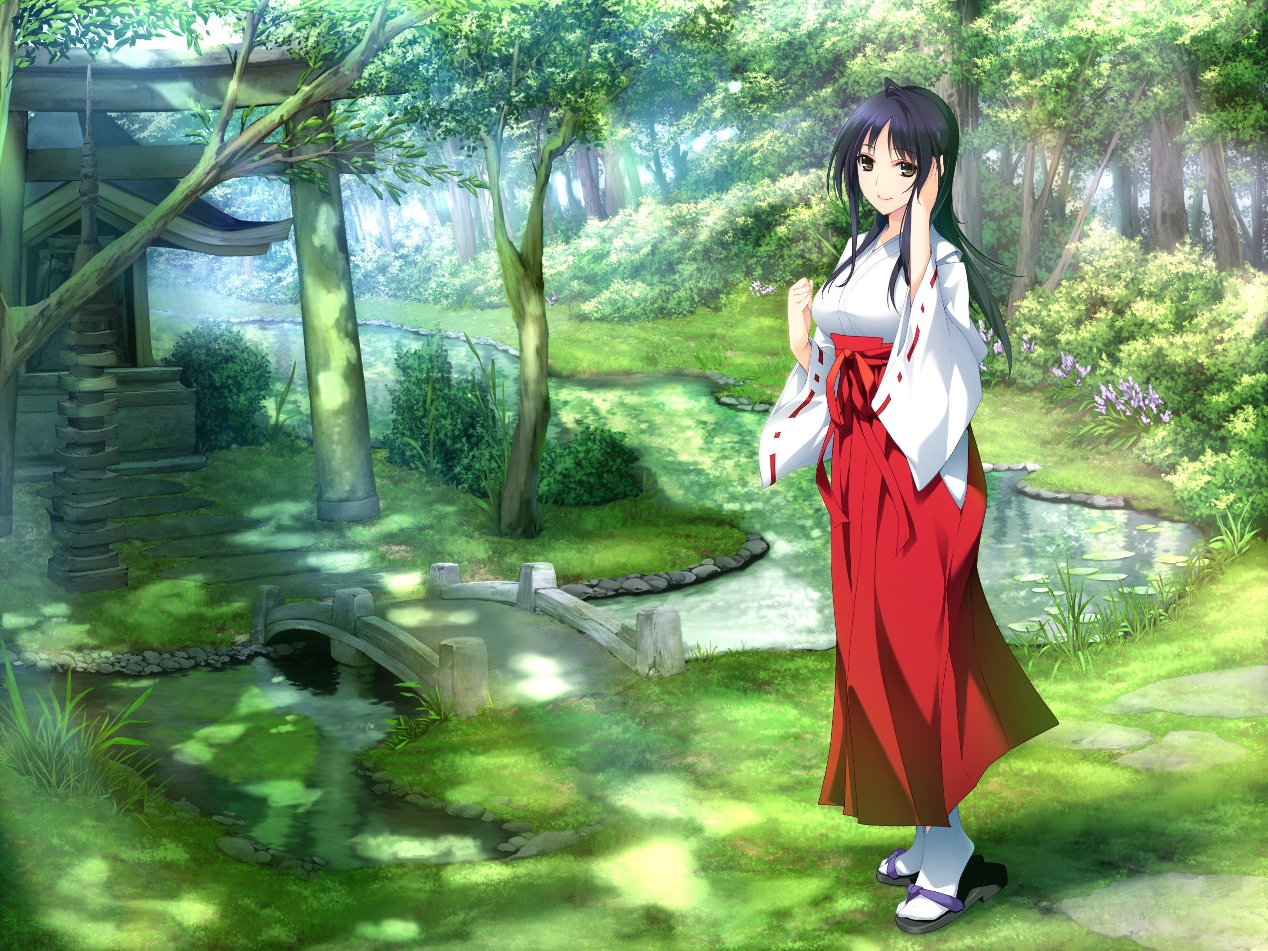 Miko in a Japanese Garden with Torii Gate HD Wallpaper