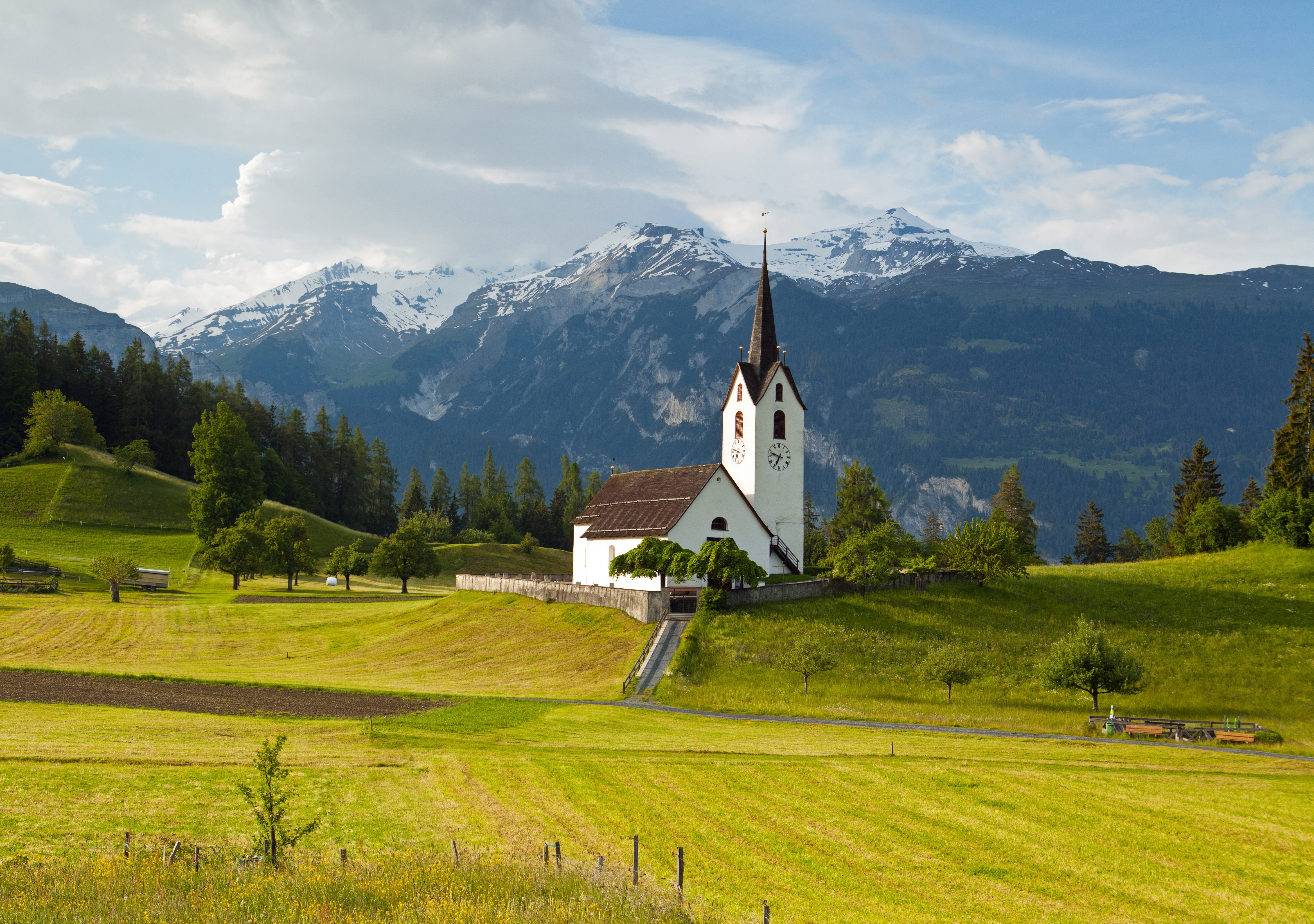 Church in Switzerland with Alps Mountains HD Wallpaper