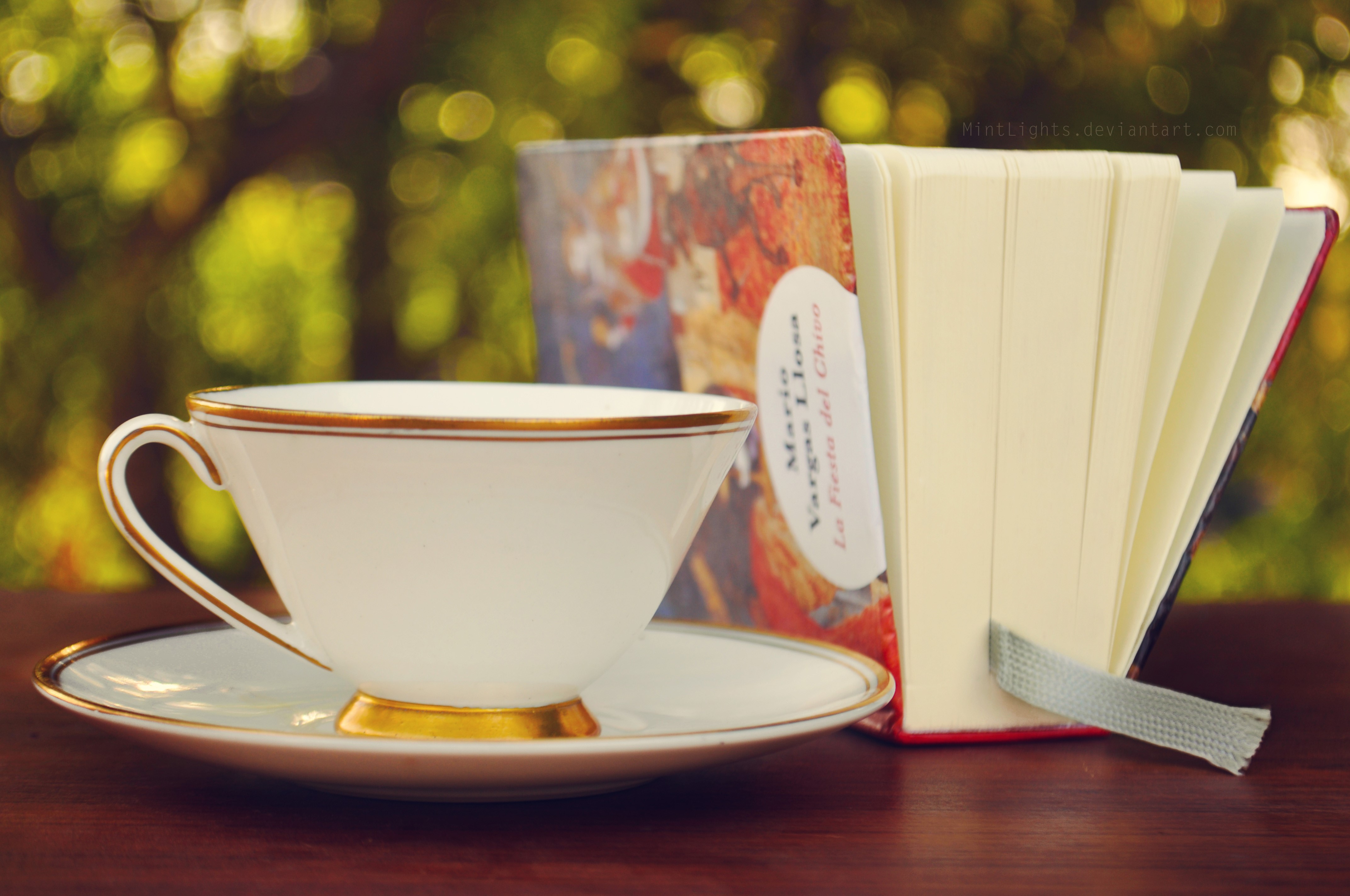 White teacup and saucer next to a book HD Wallpaper