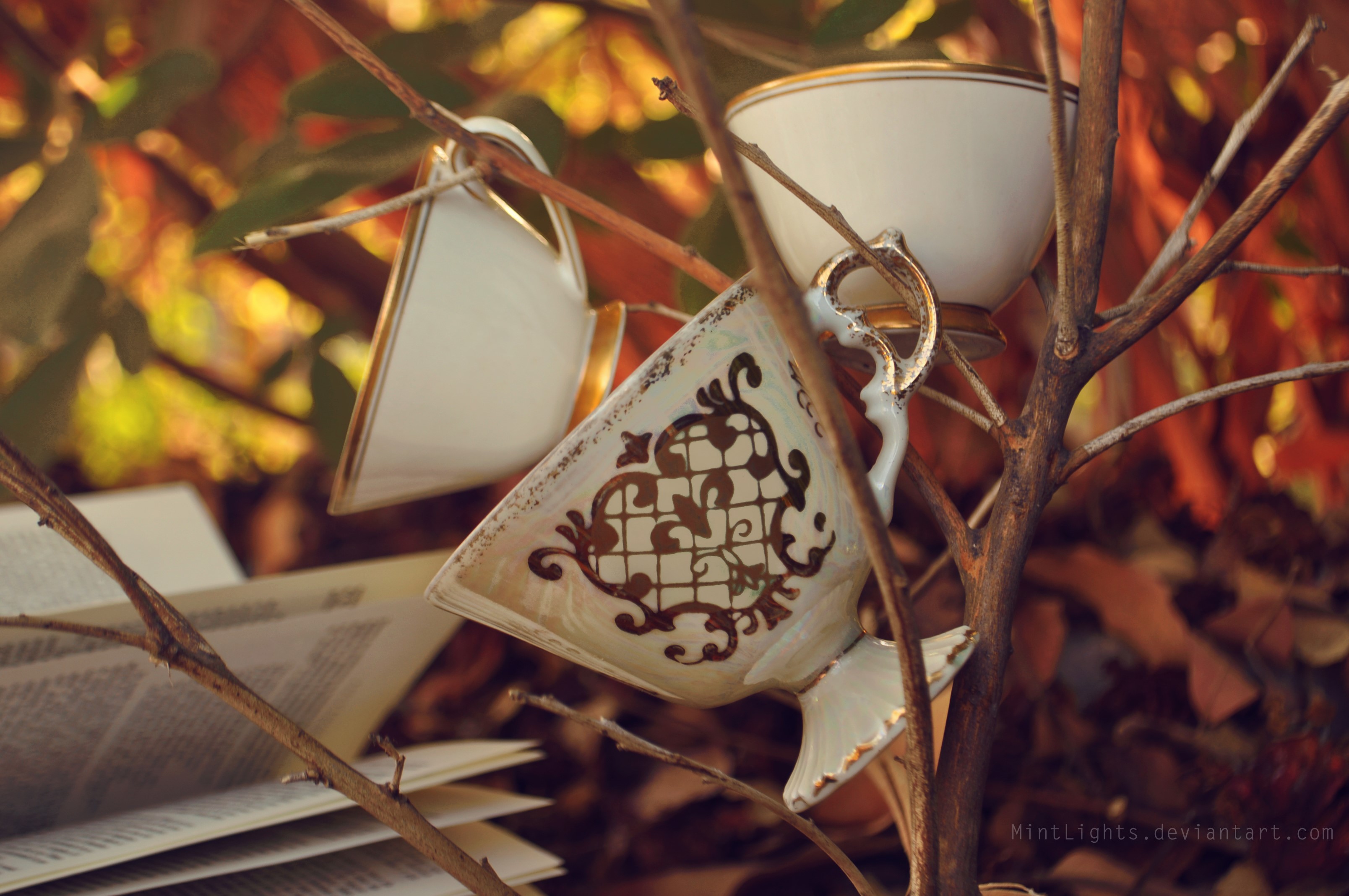 Two teacups hanging from branches with an open book HD Wallpaper