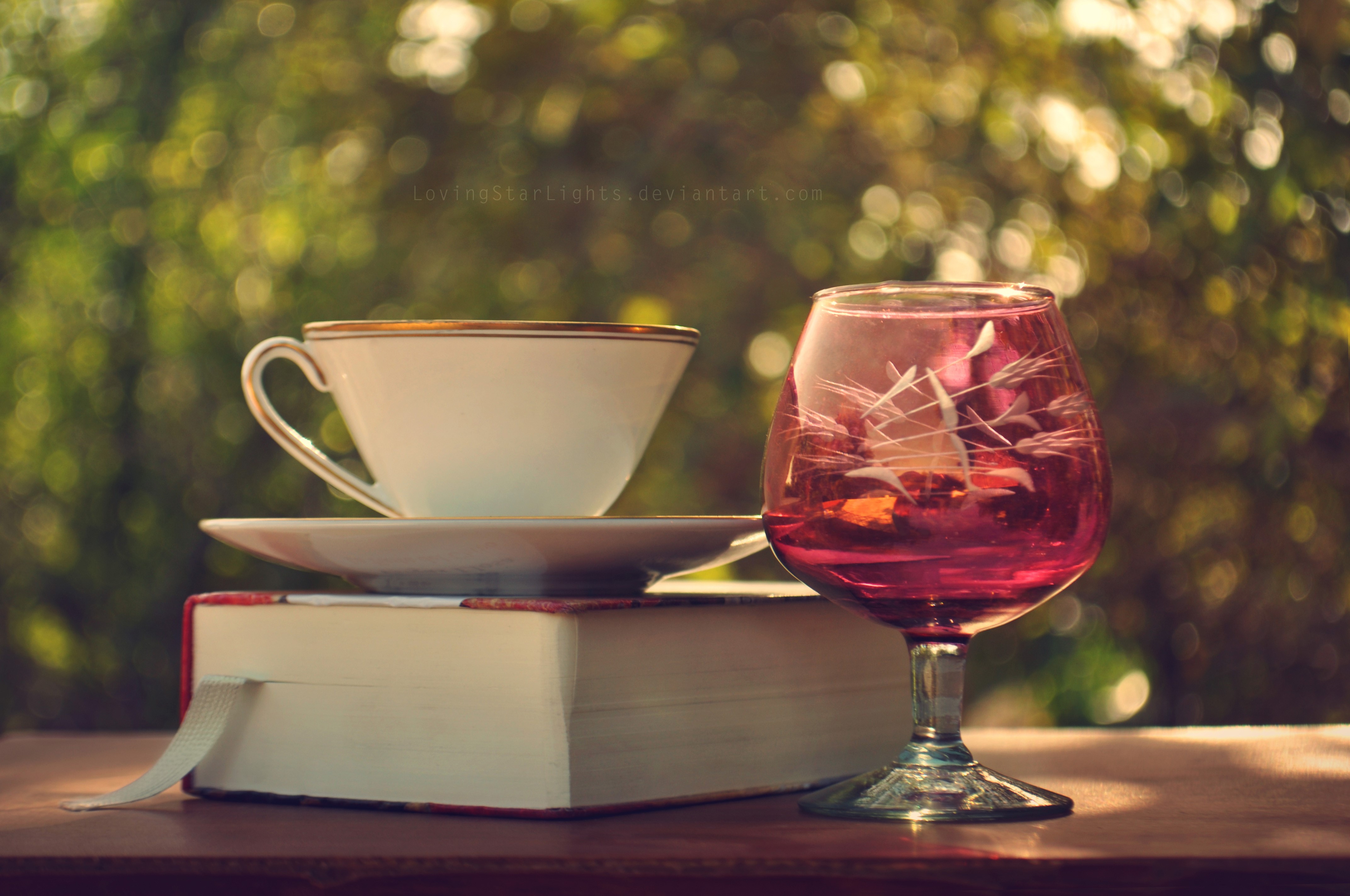 4K Cup, Saucer, Book, and Stemware HD Wallpaper