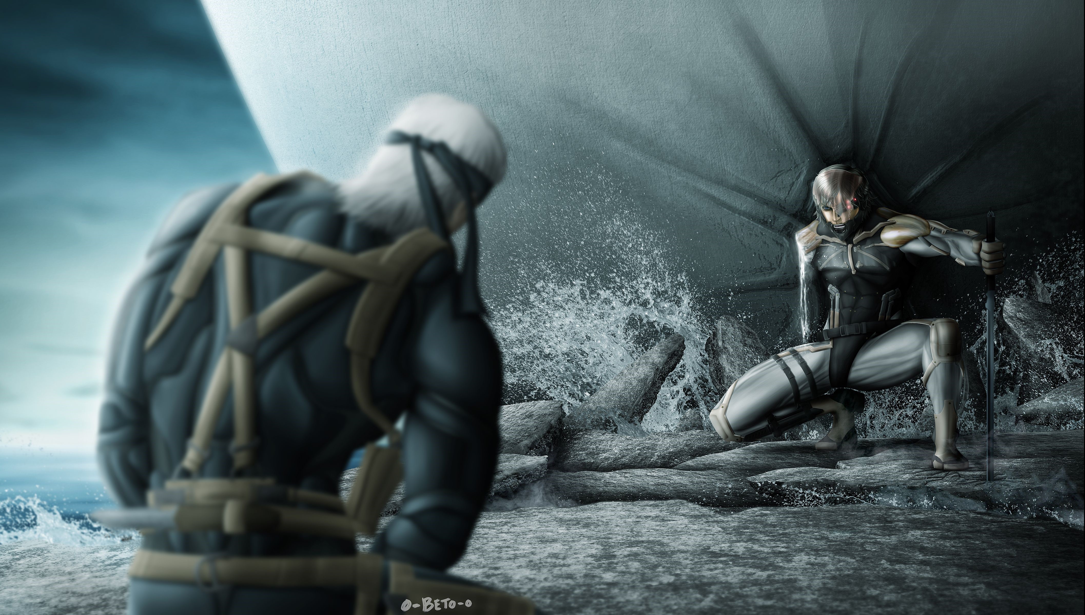 4K Metal Gear Warriors with Swords and Water Splash HD Wallpaper