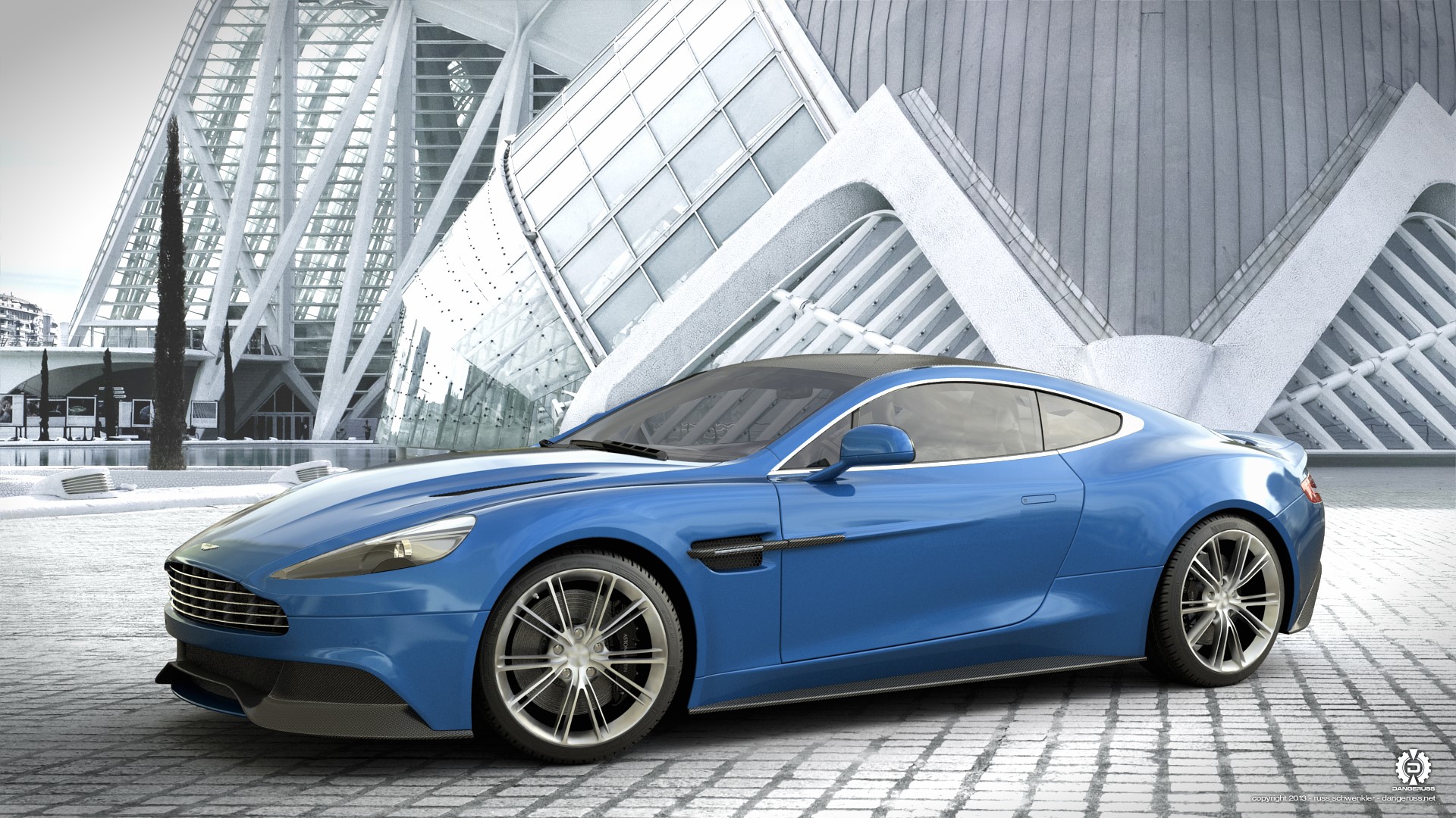 Blue Aston Martin Vanquish parked in front of a modern building HD Wallpaper