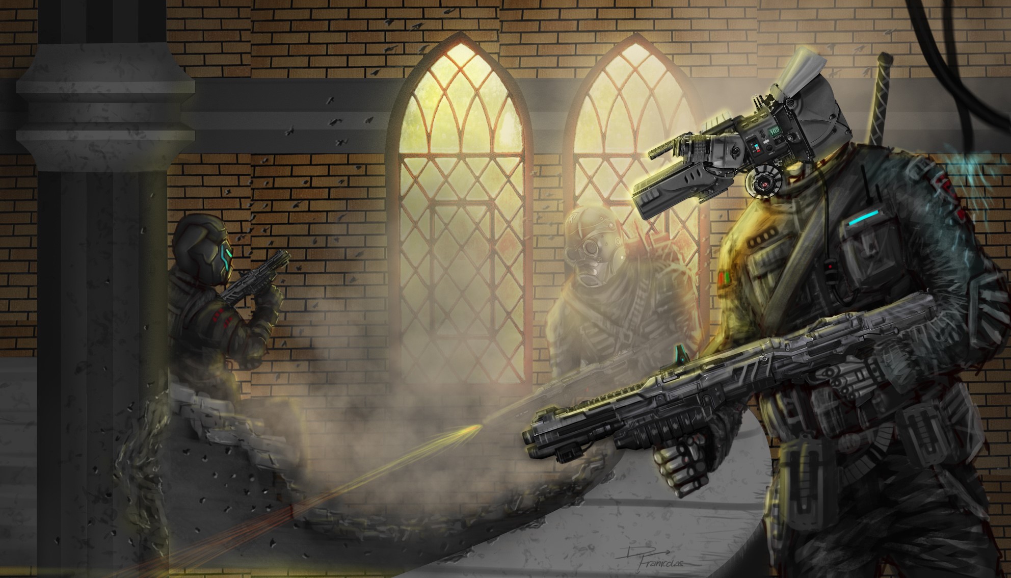 Soldiers with rifles in a brick building HD Wallpaper