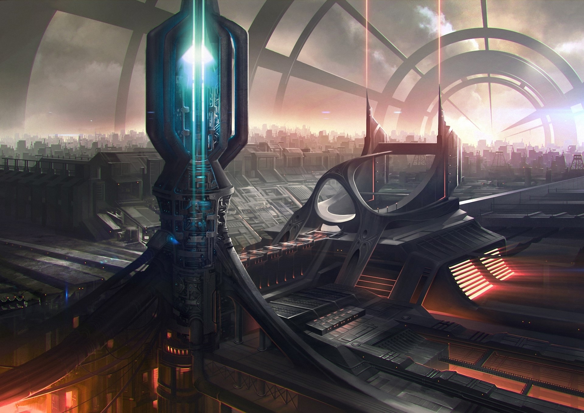 Futuristic city with advanced architecture and energy beams HD Wallpaper