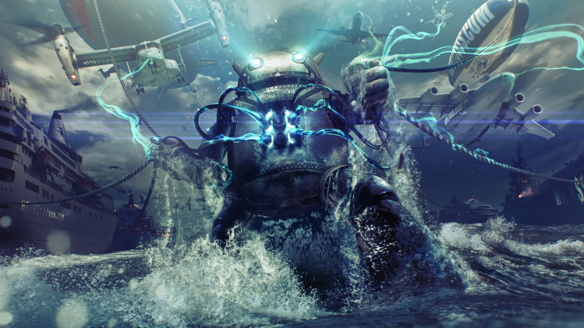 Androidevil robot in stormy seas with airships and ships HD Wallpaper