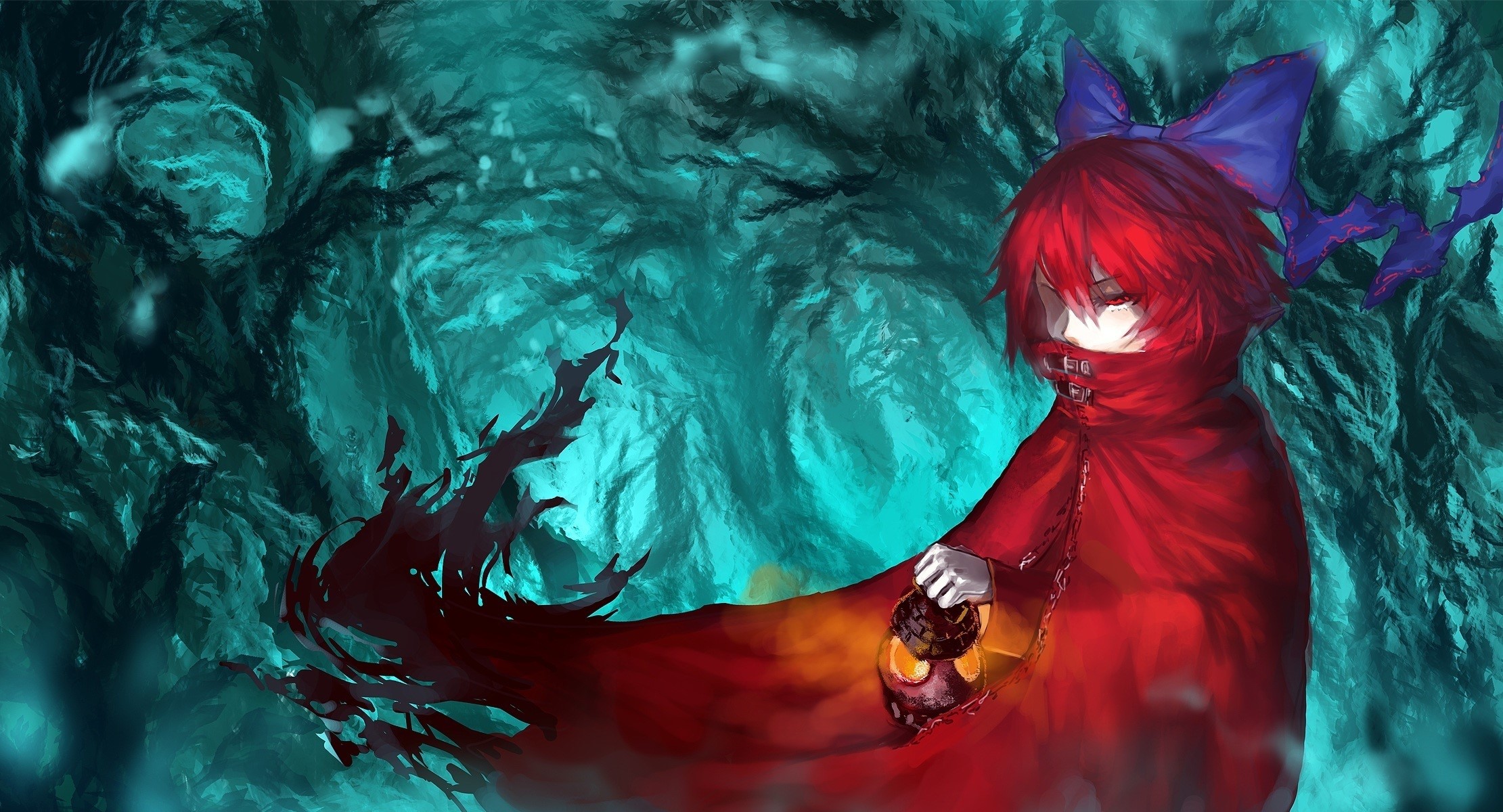 Girl with red hair and blue bowknot holding lantern HD Wallpaper