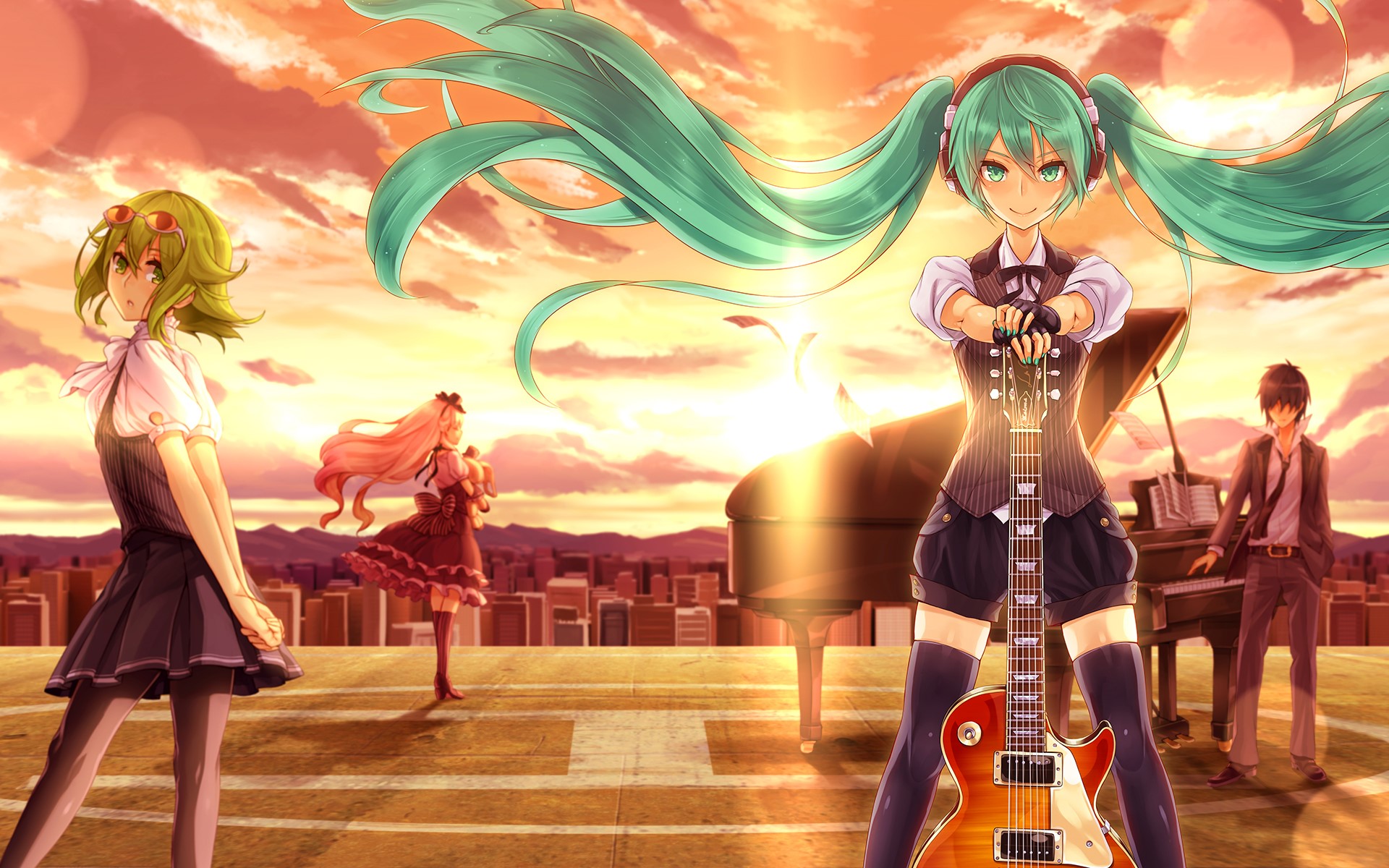 Hatsune Miku with guitar and friends by a piano HD Wallpaper