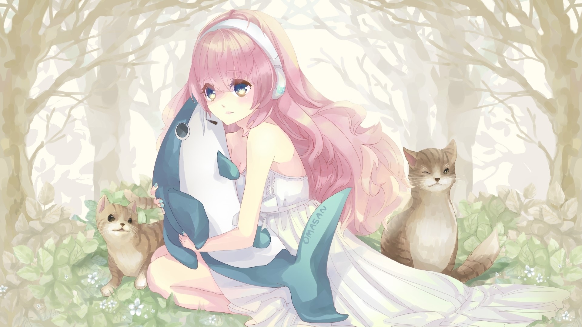 Girl with pink hair holding a shark plushie with cats HD Wallpaper