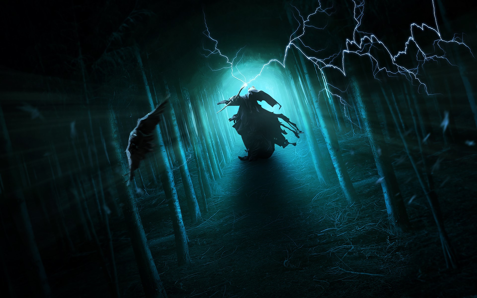 Wizard casting magic in a dark forest with lightning HD Wallpaper