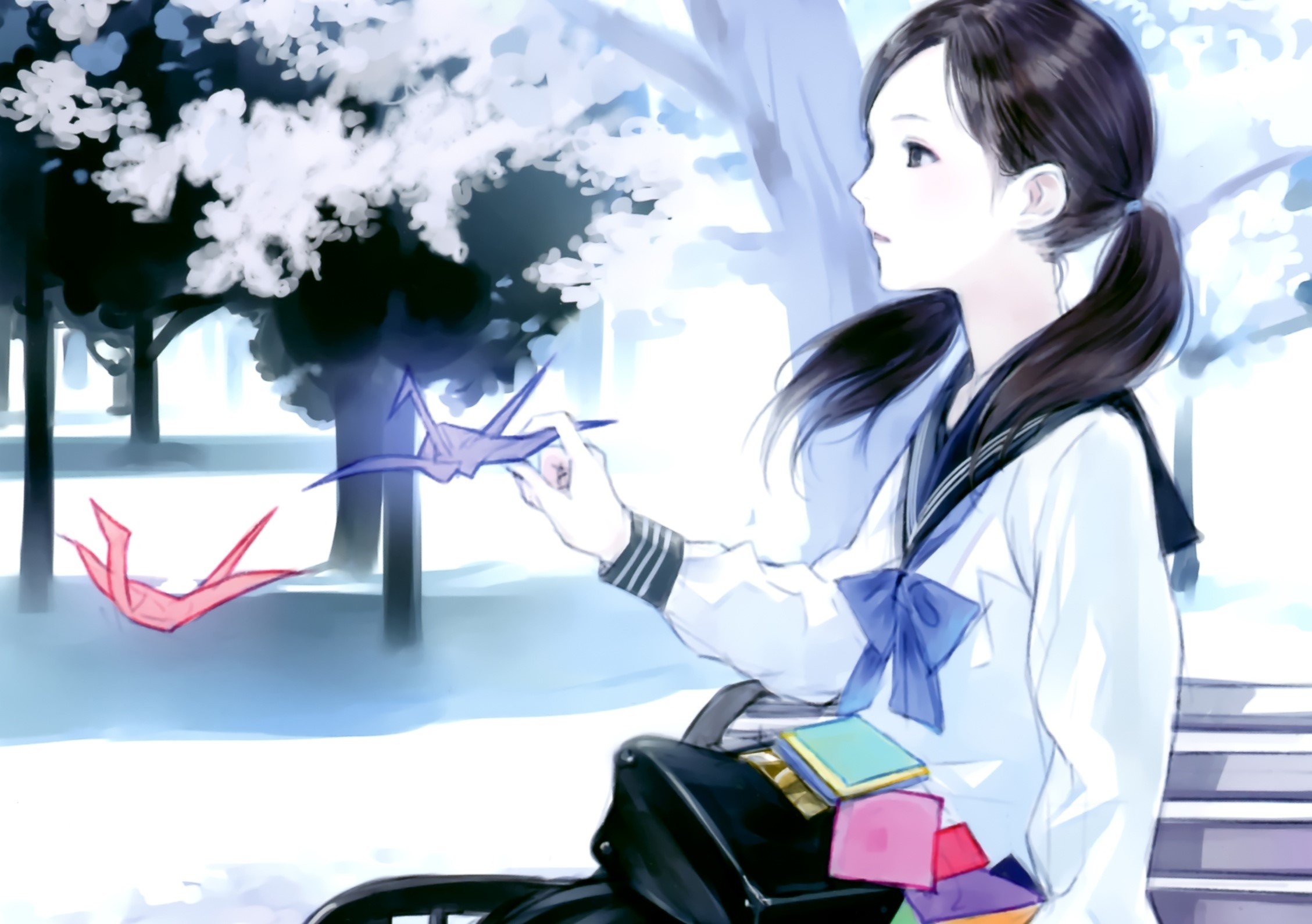 Girl in school uniform with origami cranes HD Wallpaper