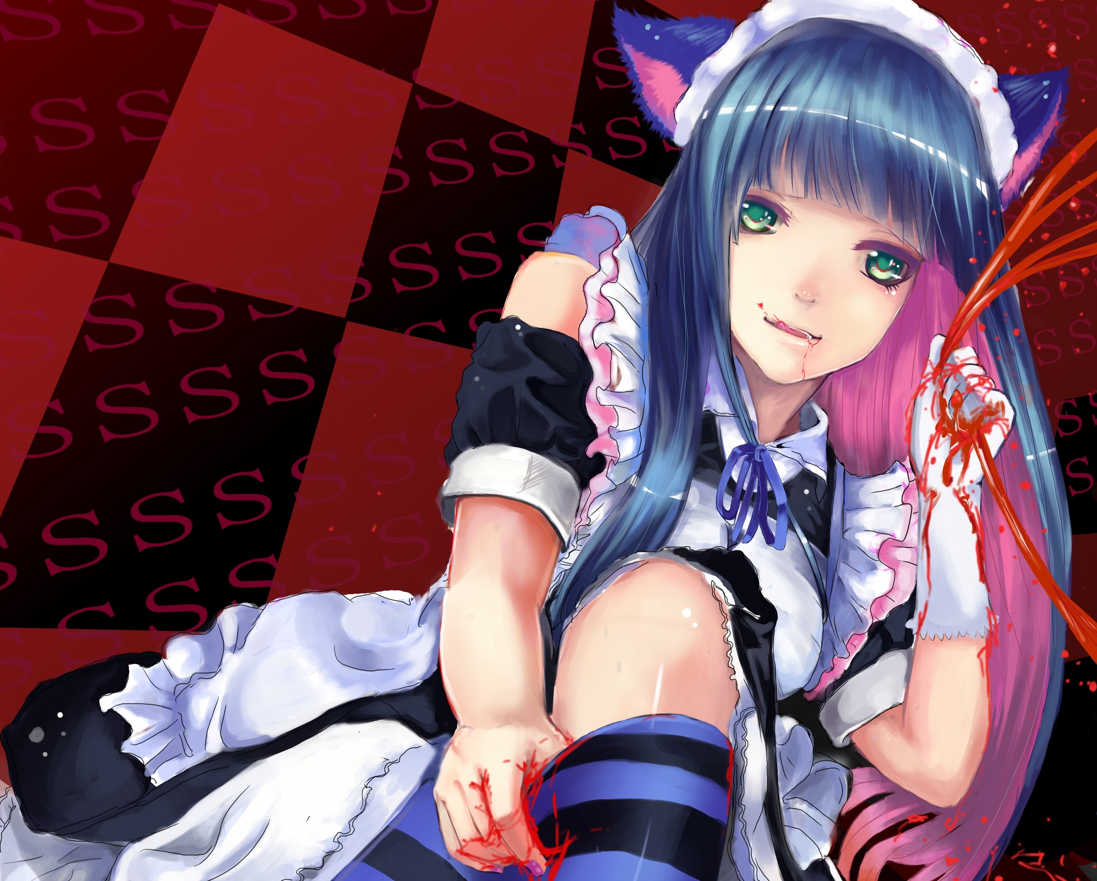 Anime girl with cat ears and maid uniform covered in blood HD Wallpaper