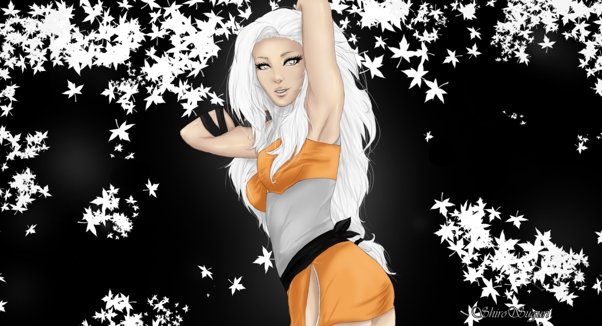 Anime girl with white hair and orange outfit HD Wallpaper