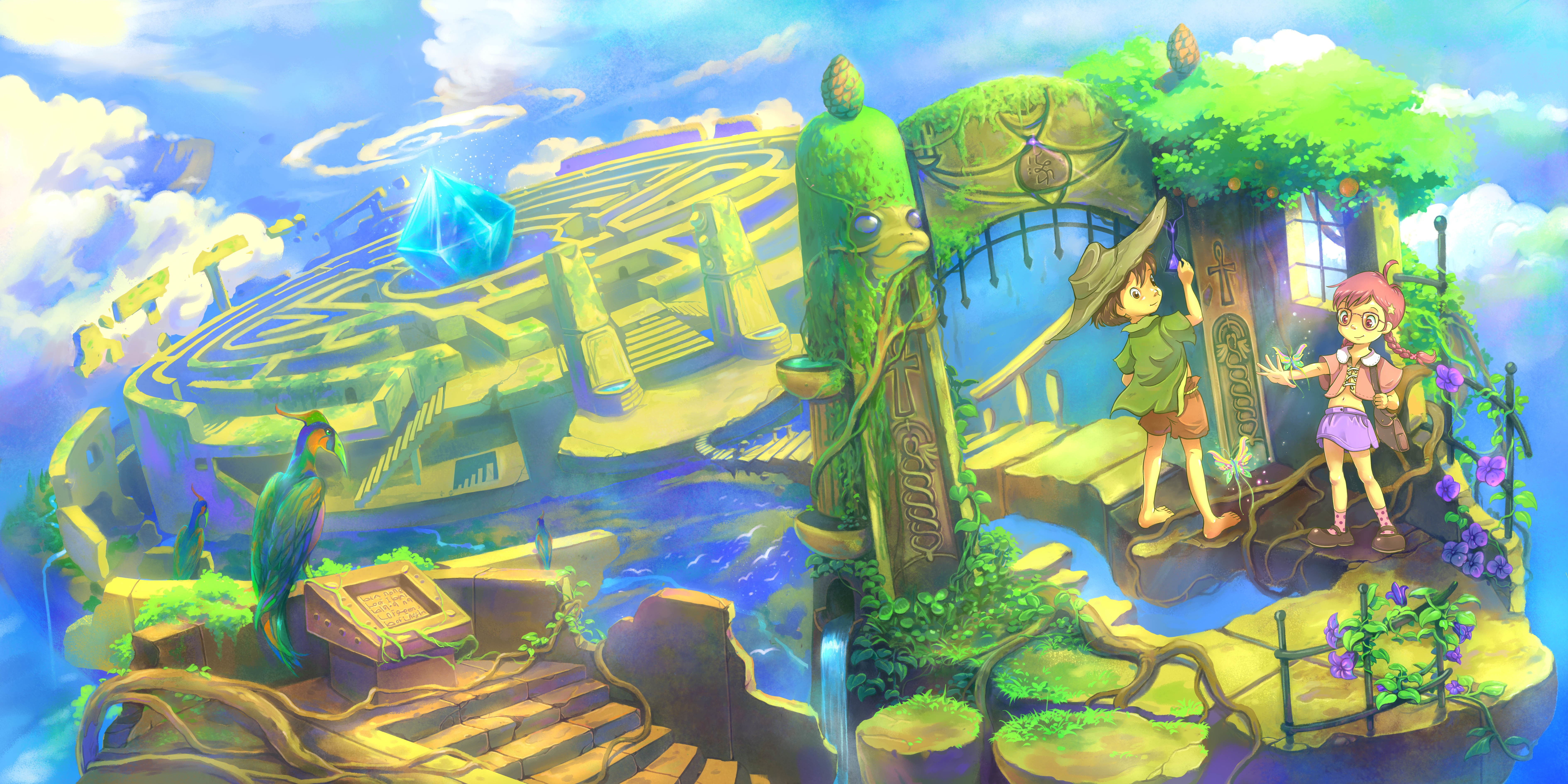 Fantastic world illustration with maze and children HD Wallpaper