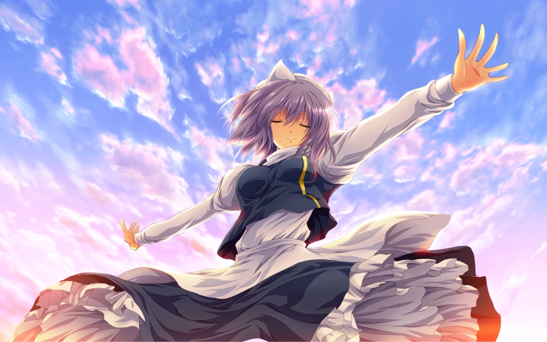 Anime girl with purple hair in a dress against a cloudy sky HD Wallpaper
