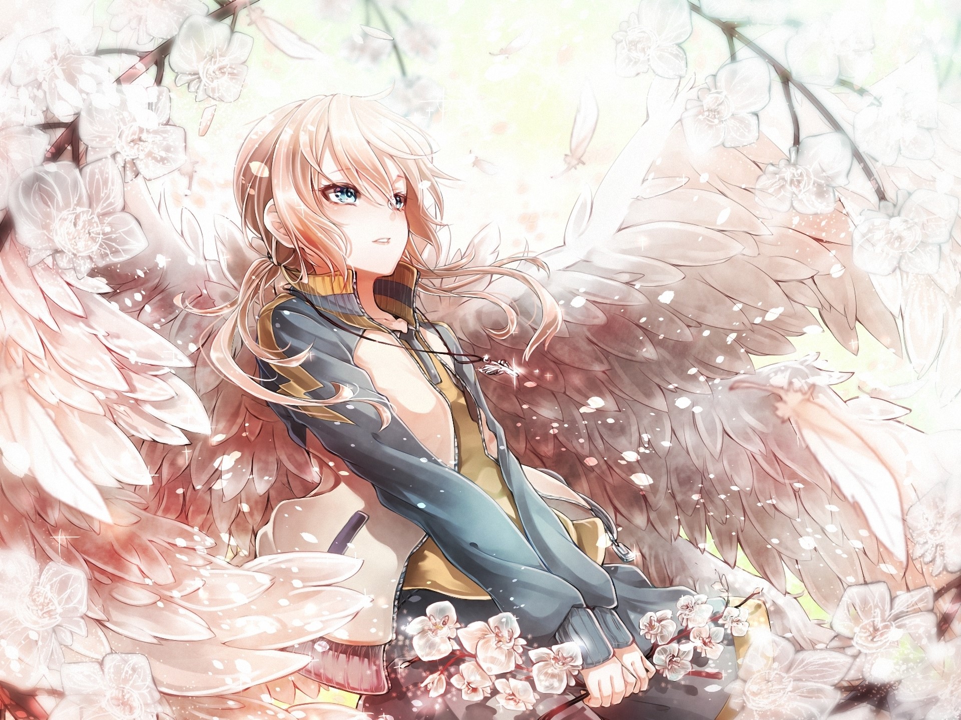Angel with large wings surrounded by flowers HD Wallpaper