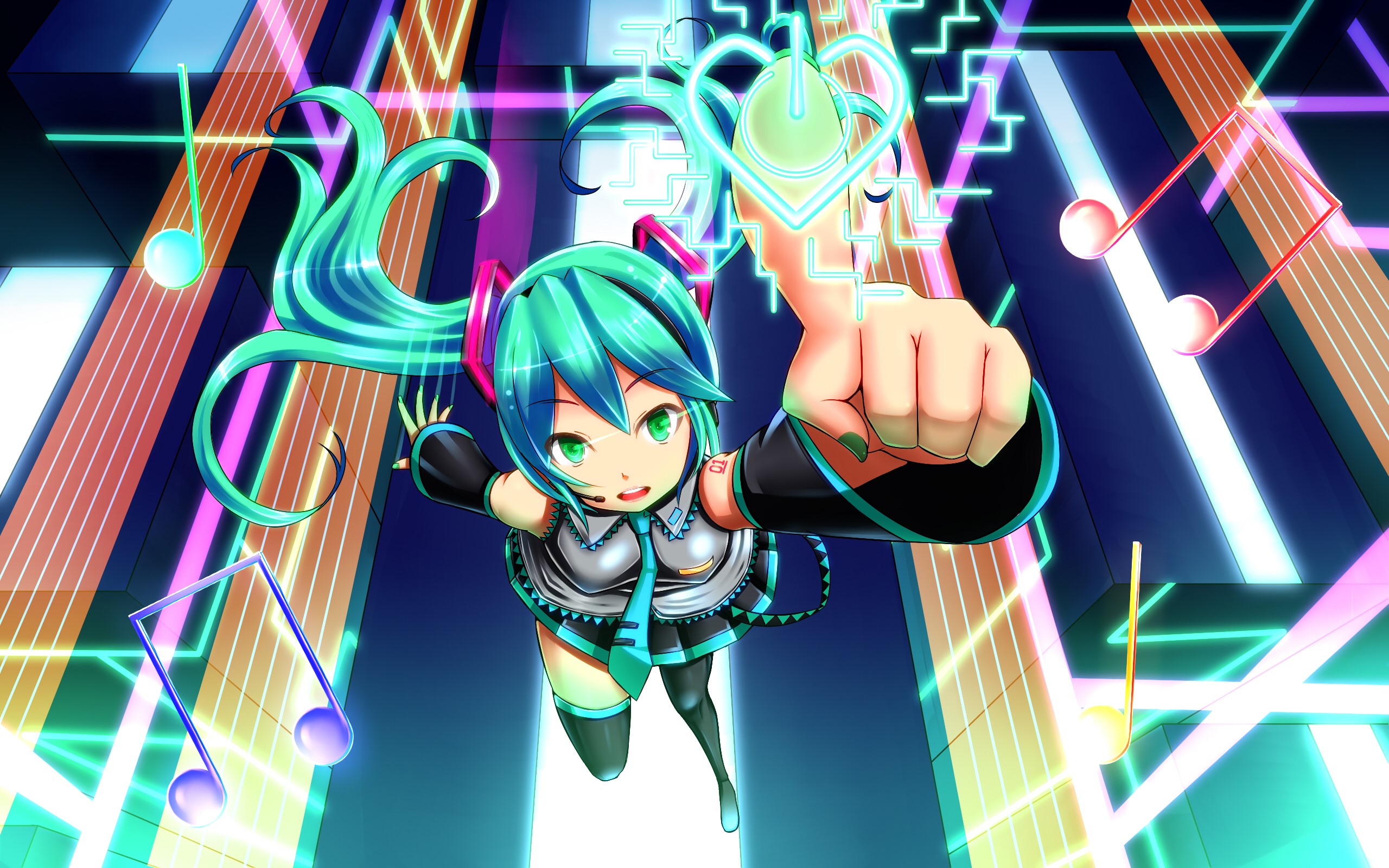 Hatsune Miku with musical notes and neon lights HD Wallpaper