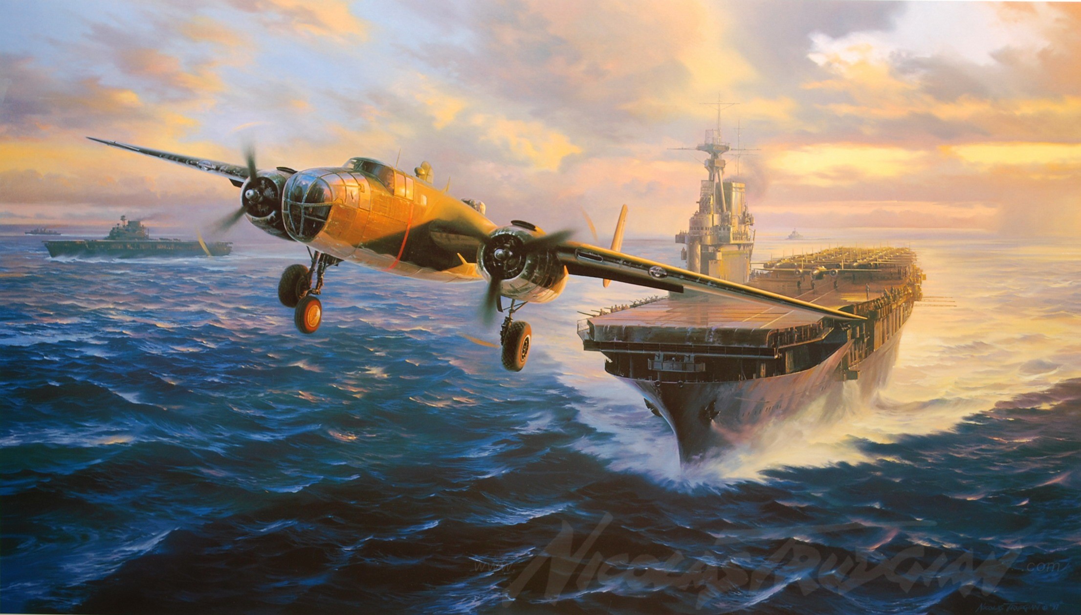 Airplane flying near aircraft carrier at sunset HD Wallpaper