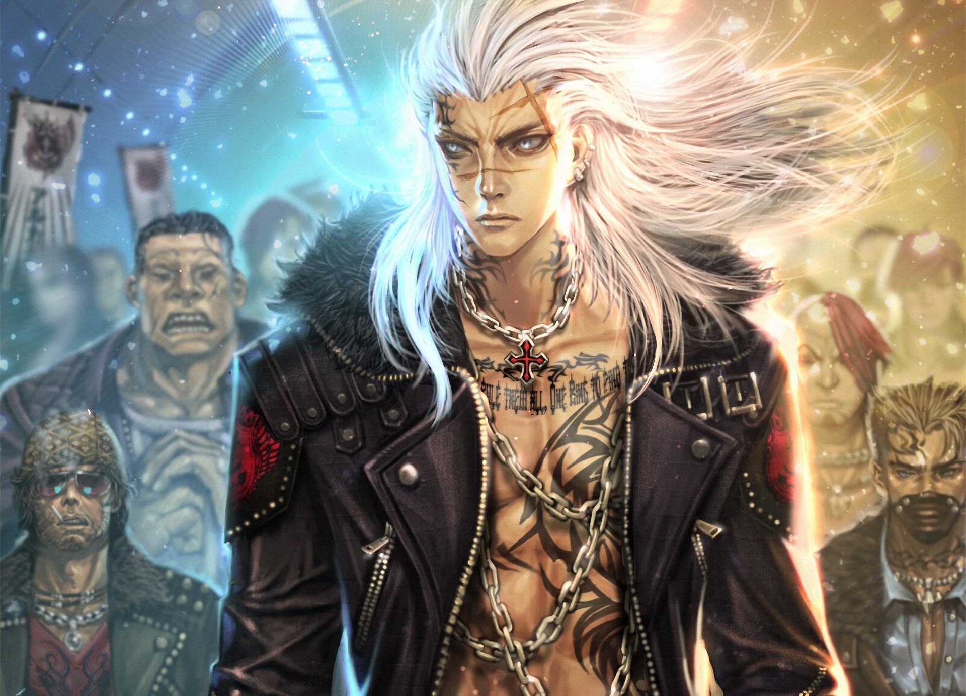 Tattooed man with white hair and chains HD Wallpaper