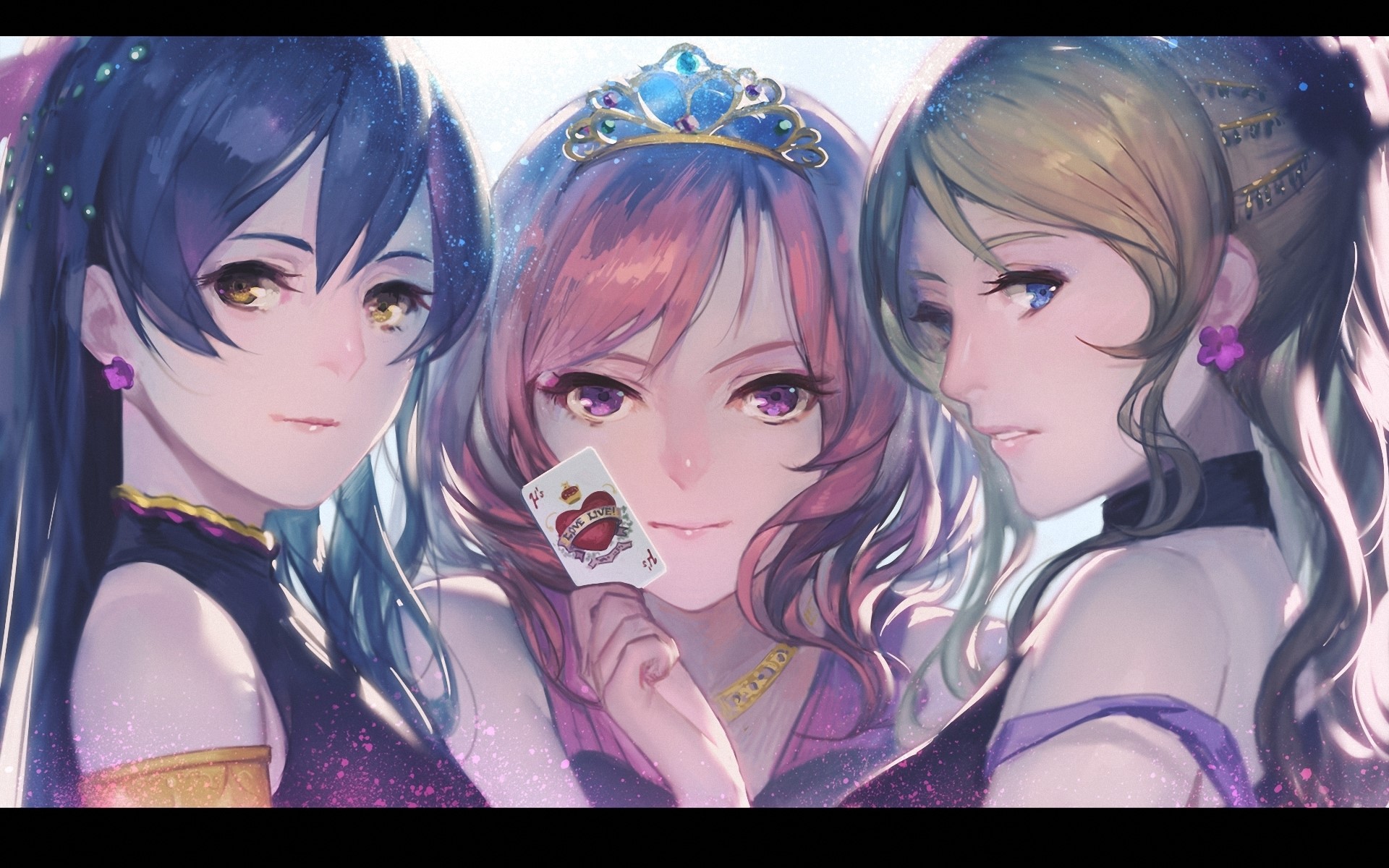 Three anime girls with a card HD Wallpaper