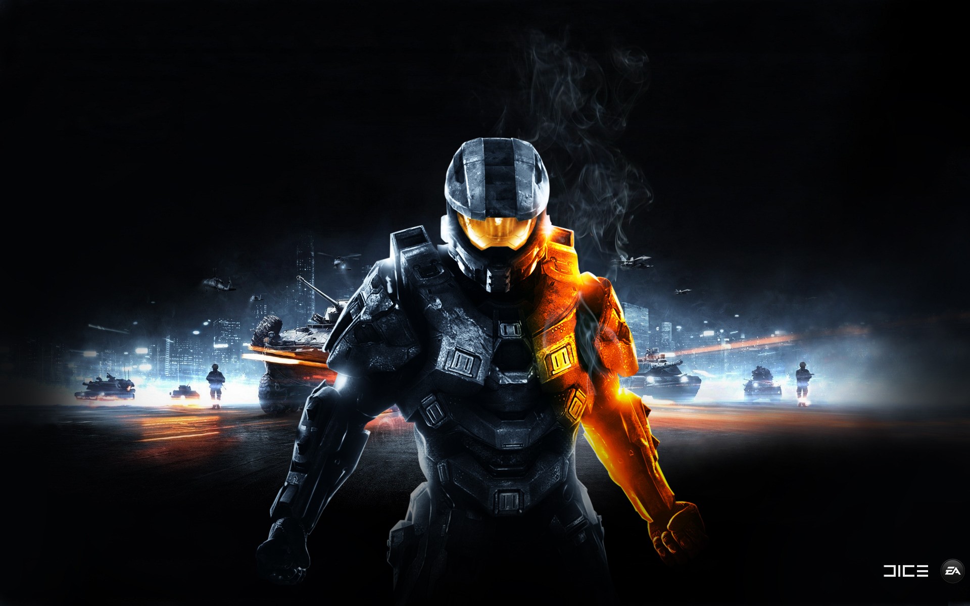 Soldier in futuristic armor with tanks and city in background HD Wallpaper