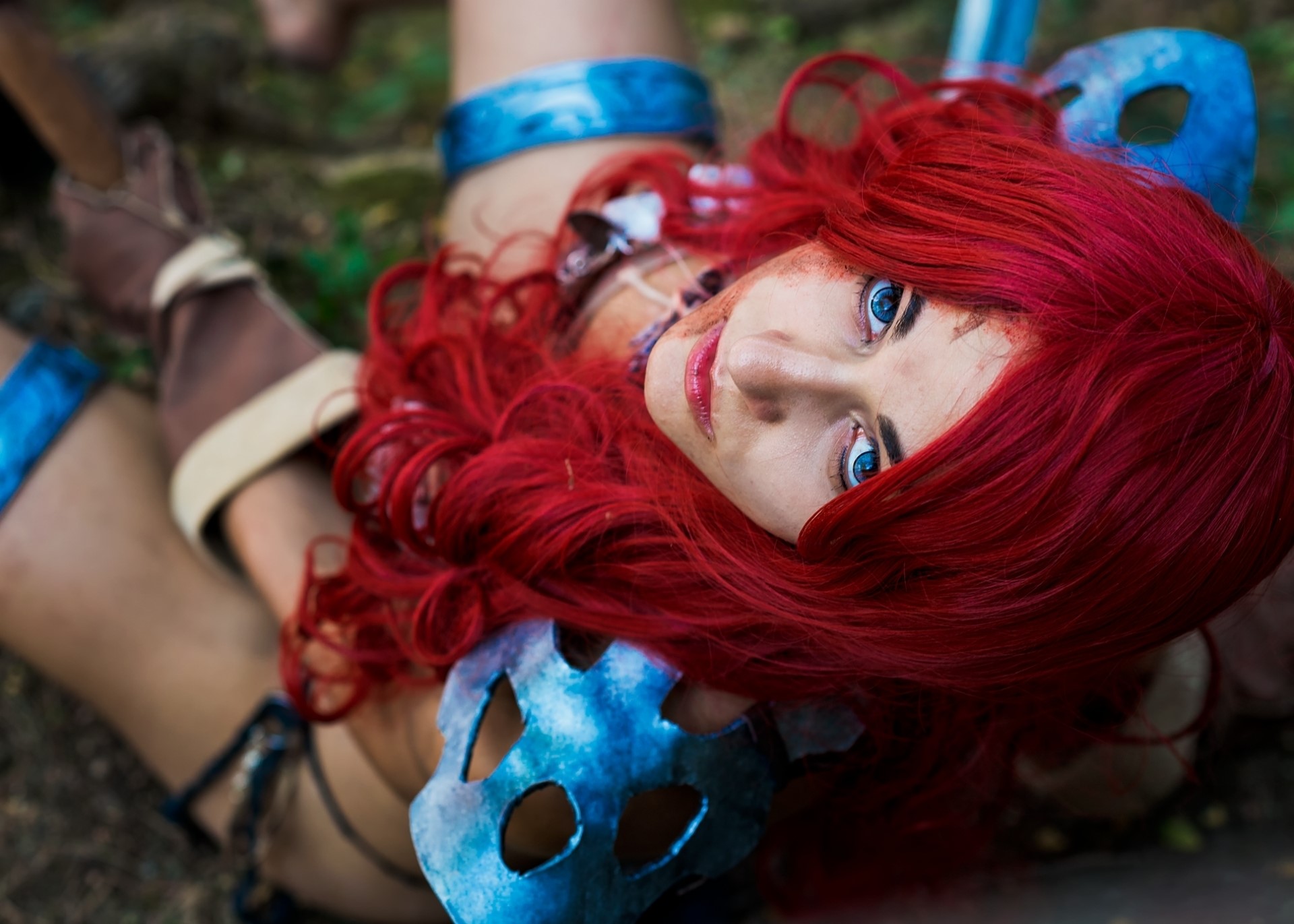 Woman with red hair and blue eyes wearing a blue mask HD Wallpaper
