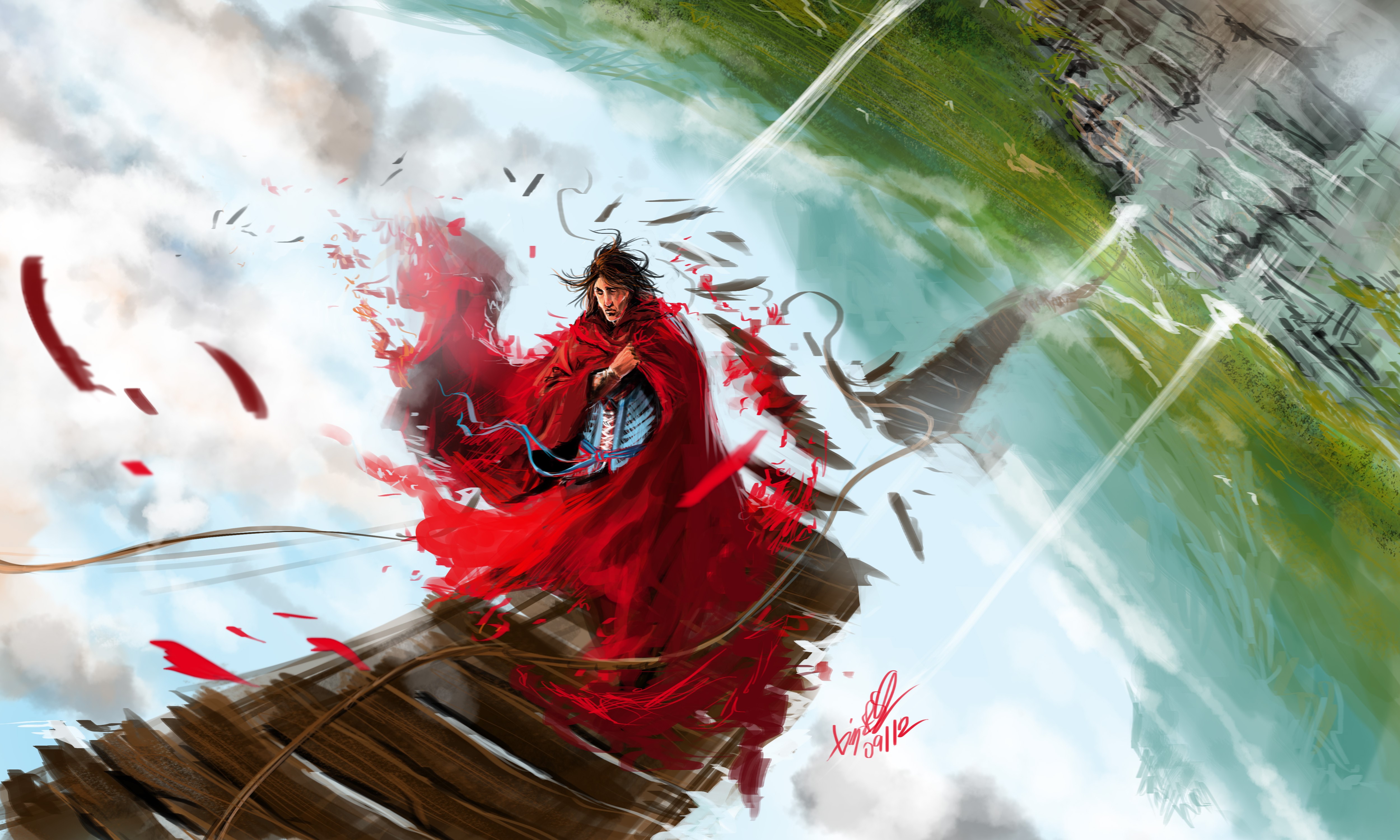 Man in Red Cape on Wooden Bridge HD Wallpaper
