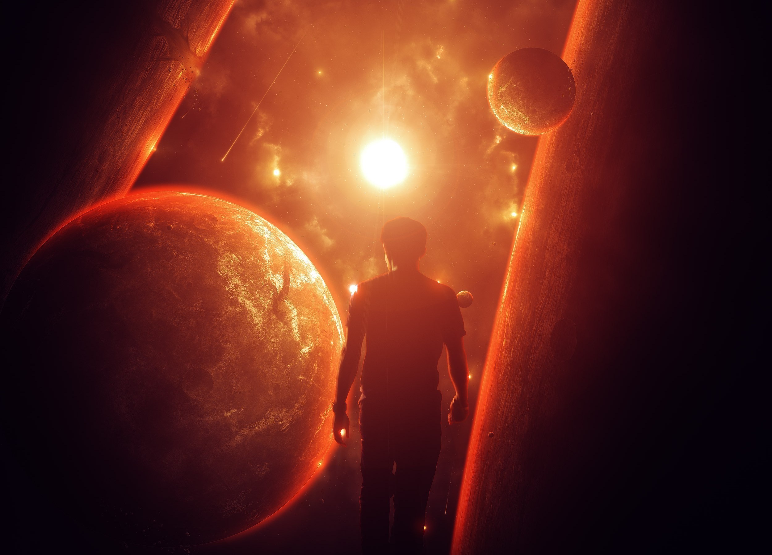 Man standing in a fantastic world with planets and stars HD Wallpaper