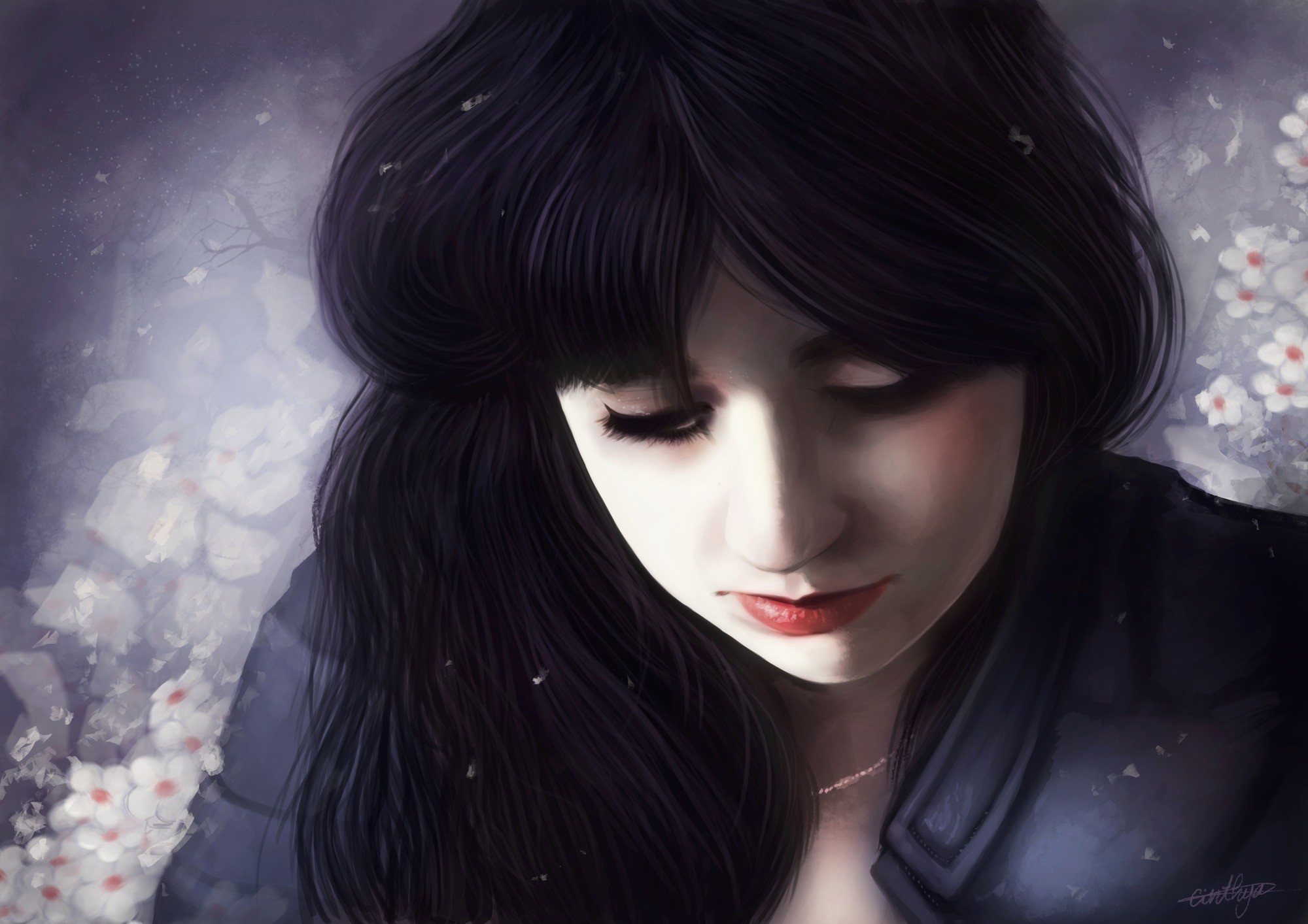 Painting of a Brunette Girl with Flowers HD Wallpaper