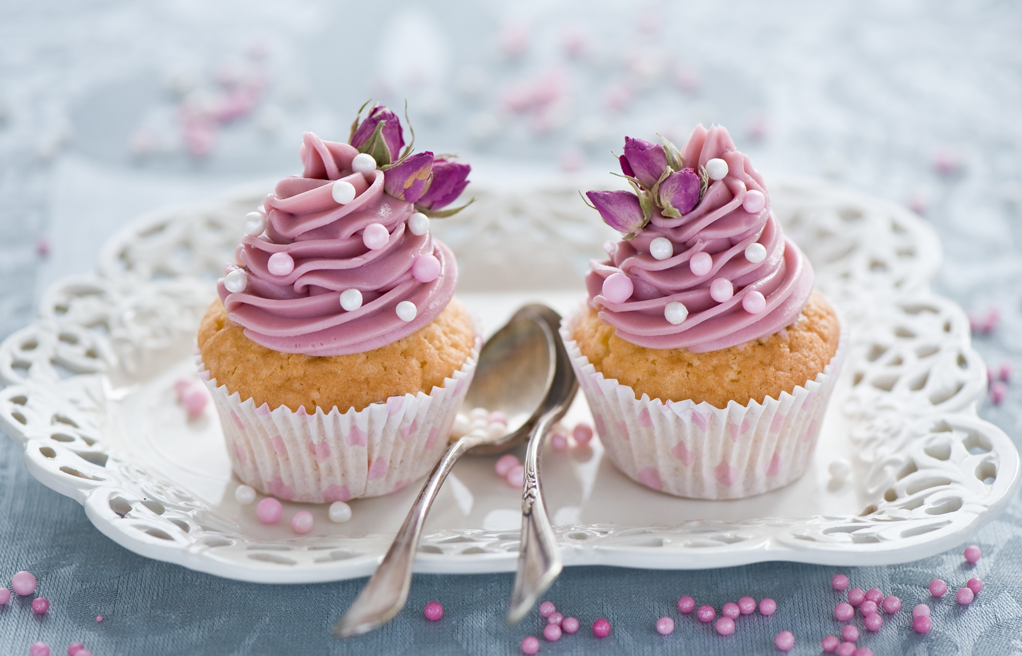 Two pink frosted cupcakes with roses and sprinkles HD Wallpaper