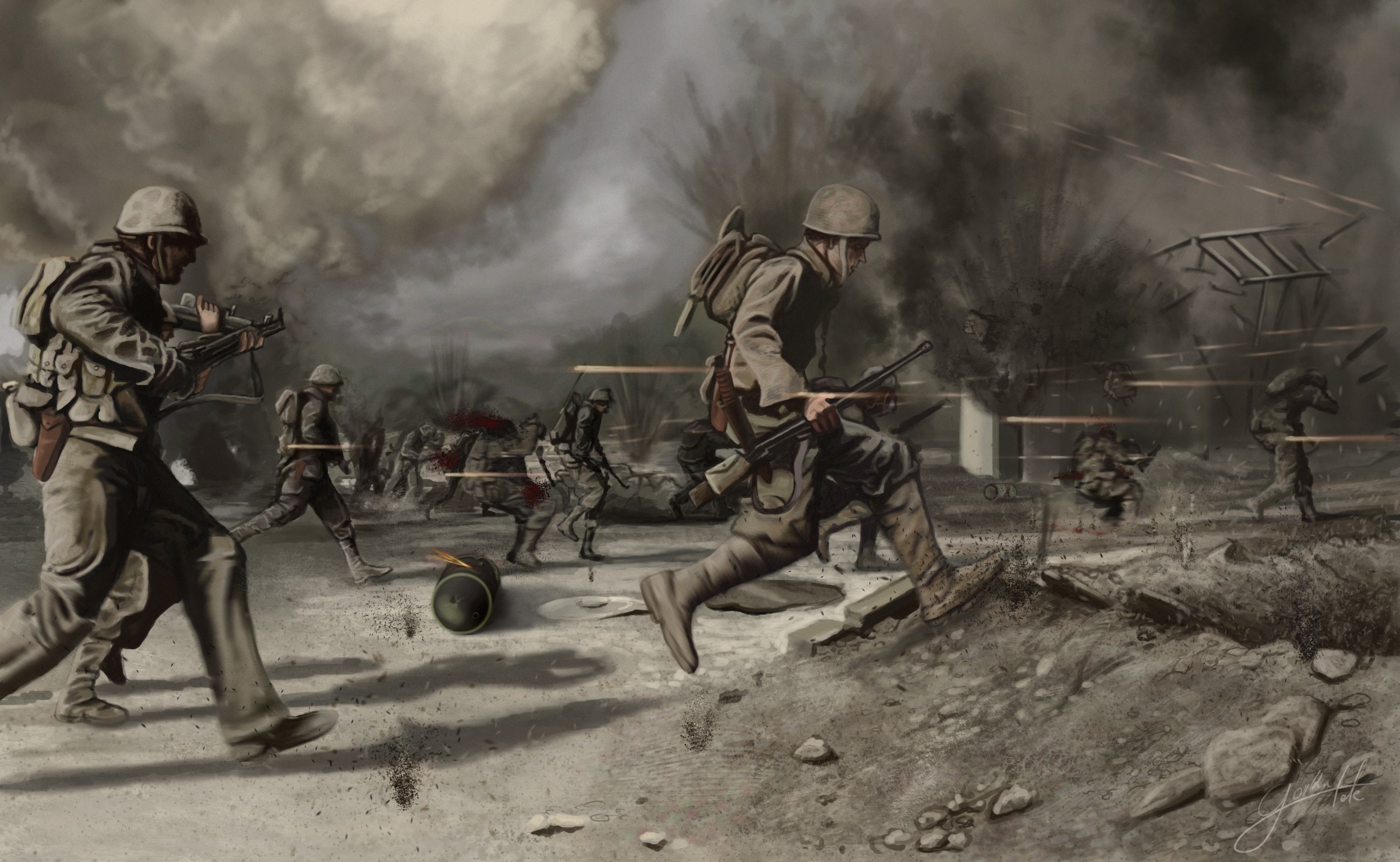 Soldiers advancing across a battlefield during wartime HD Wallpaper
