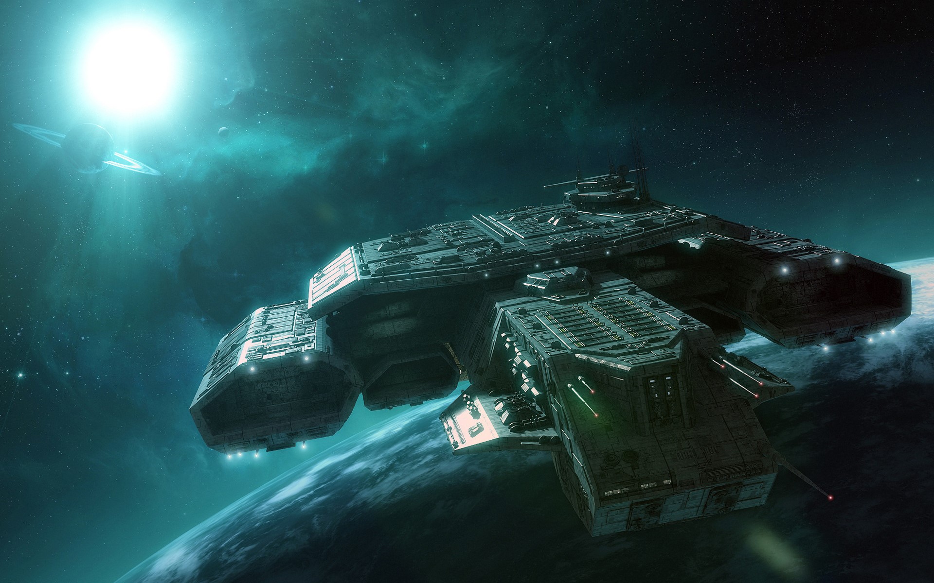 Massive spaceship in orbit above a planet HD Wallpaper